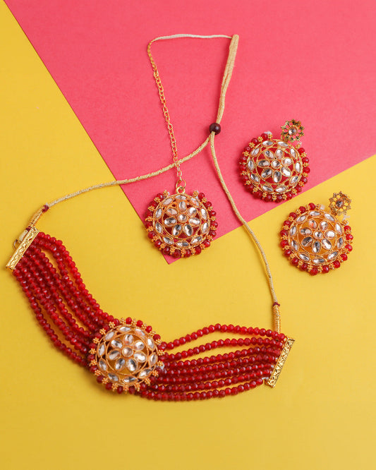 VOJ Gold-Polished Red Beads Kundan Choker Jewellery Set With Mang Tikka - VOJ (Valley Of Jewellery)