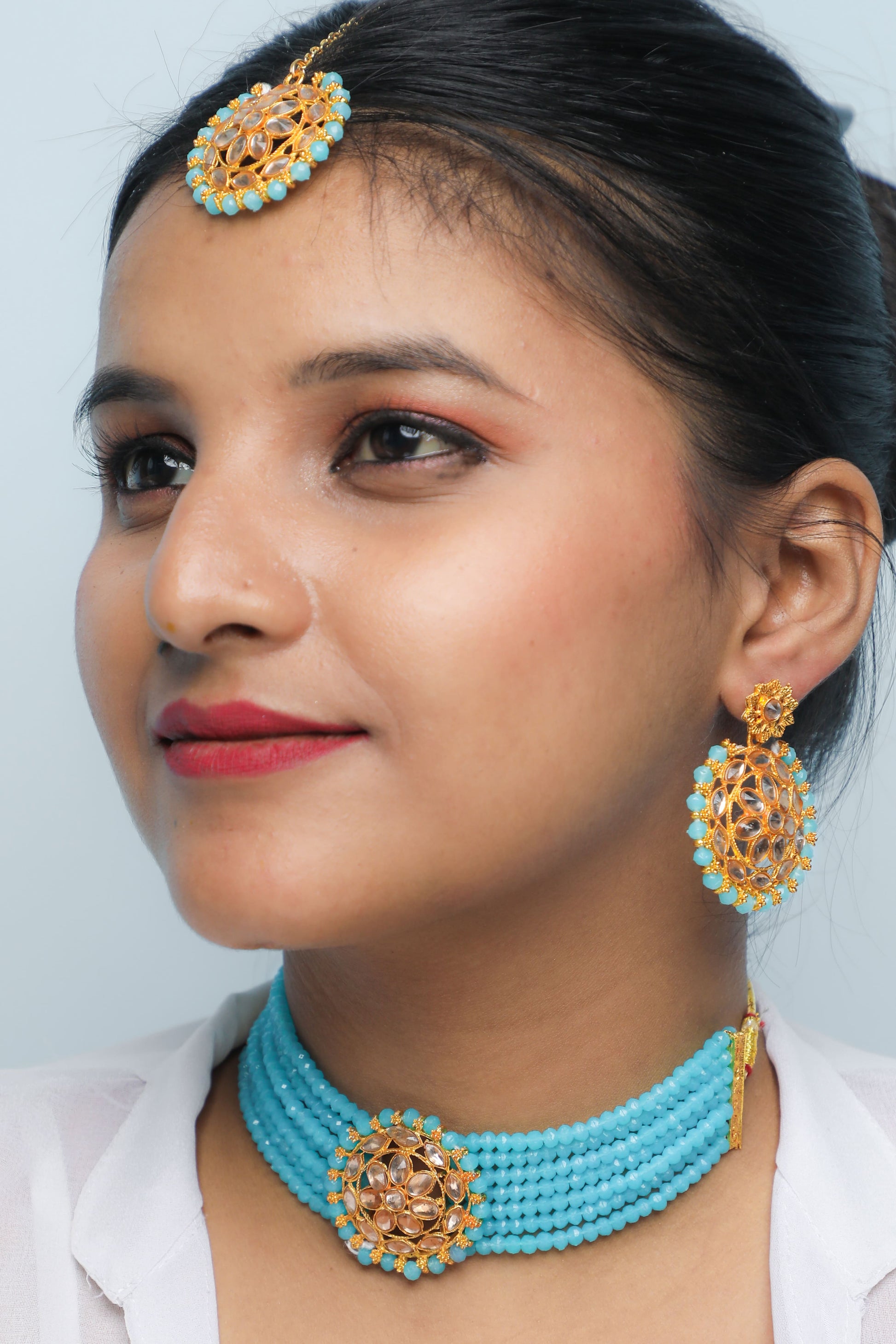 VOJ Gold-Polished Blue Beads Kundan Choker Jewellery Set With Mang Tikka - VOJ (Valley Of Jewellery)