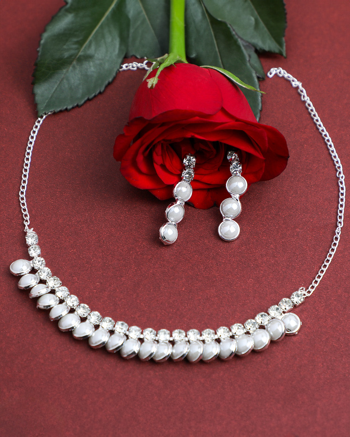 VOJ Silver Plated White Pearl Studded Choker Jewellery Set - VOJ (Valley Of Jewellery)