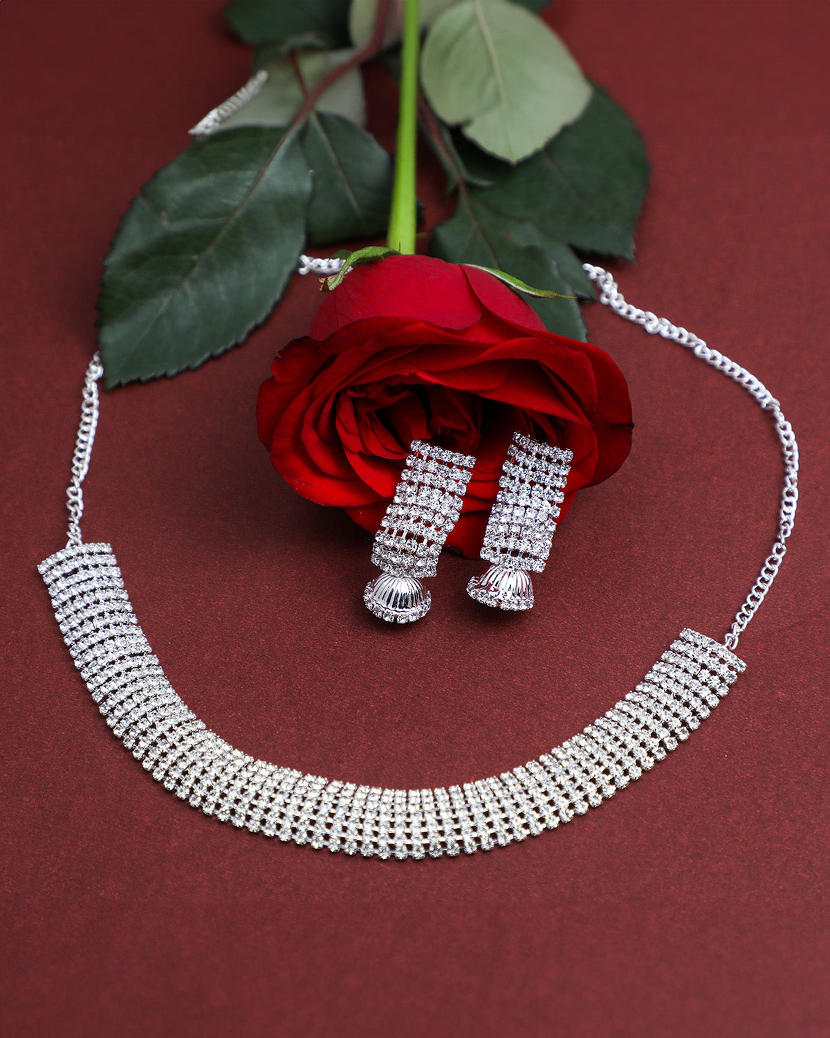 VOJ Silver Plated Stone Studded Choker Jewellery Set - VOJ (Valley Of Jewellery)