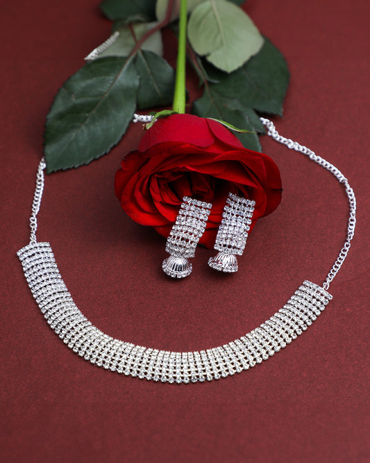 VOJ Silver Plated Stone Studded Choker Jewellery Set - VOJ (Valley Of Jewellery)