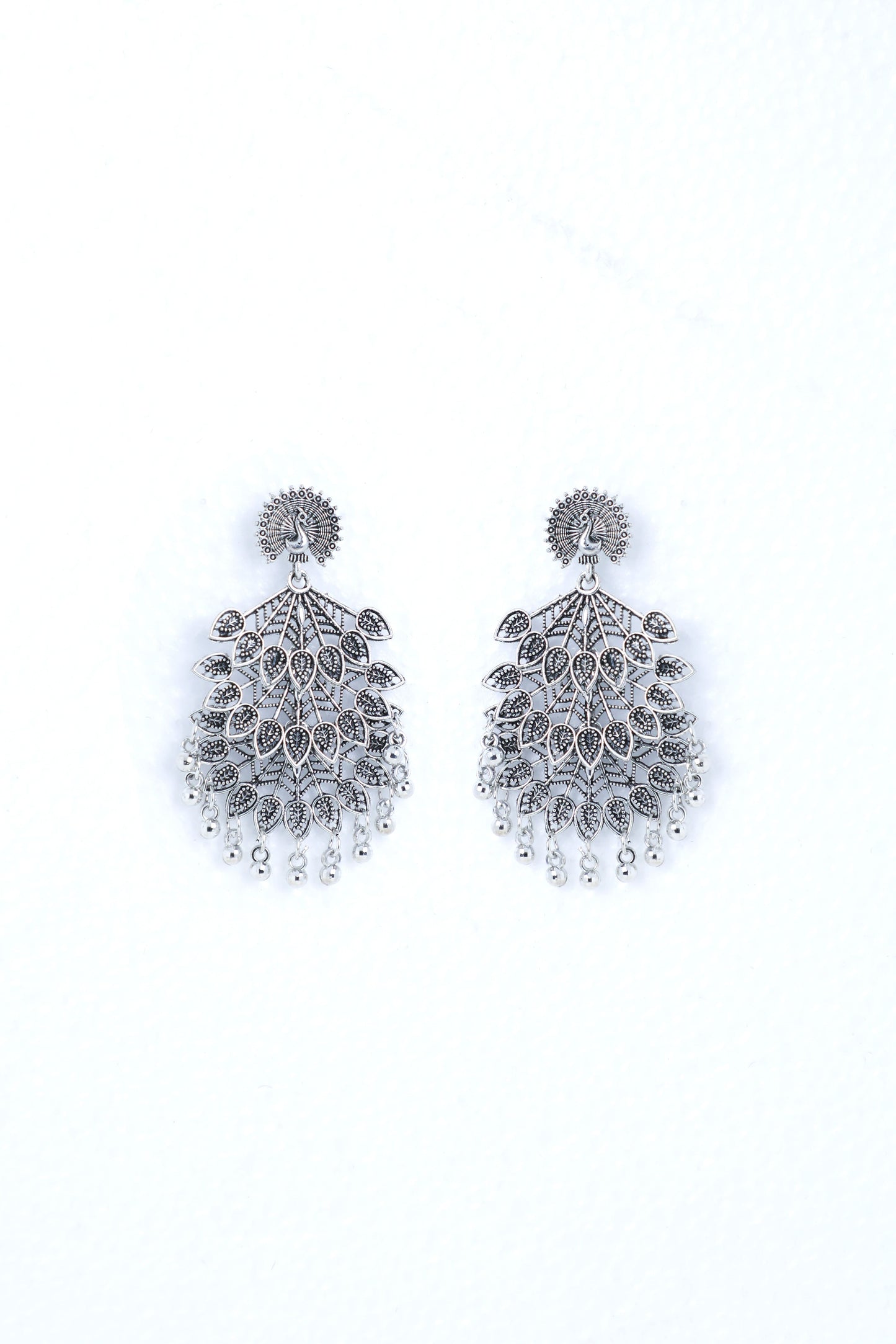 VOJ Silver Plated Oxidised Peacock Shaped Studded Earrings - Swadesiicart