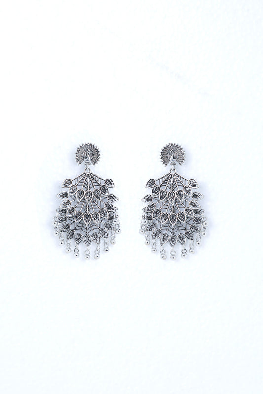 VOJ Silver Plated Oxidised Peacock Shaped Studded Earrings - Swadesiicart