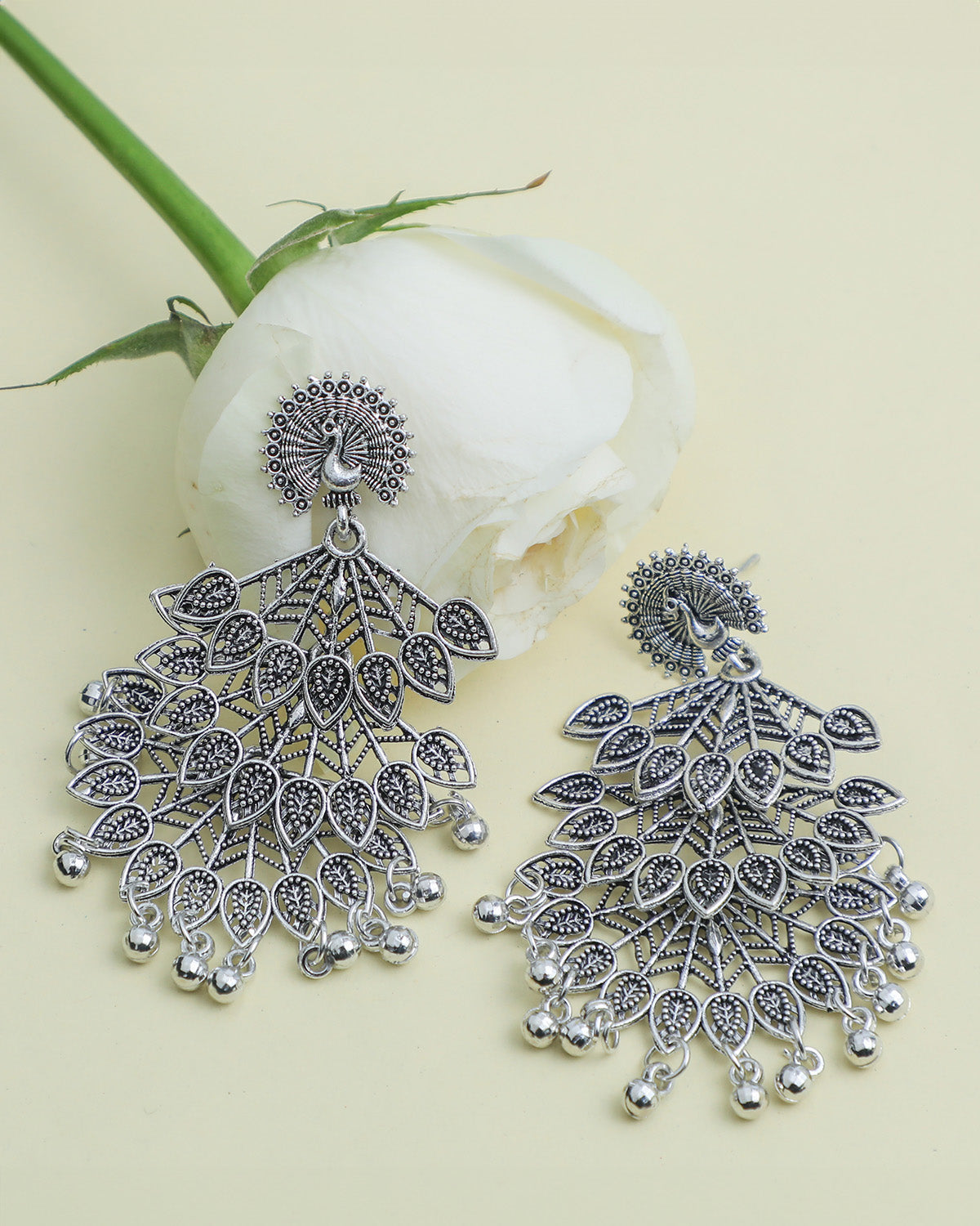 VOJ Silver Plated Oxidised Peacock Shaped Studded Earrings - Swadesiicart