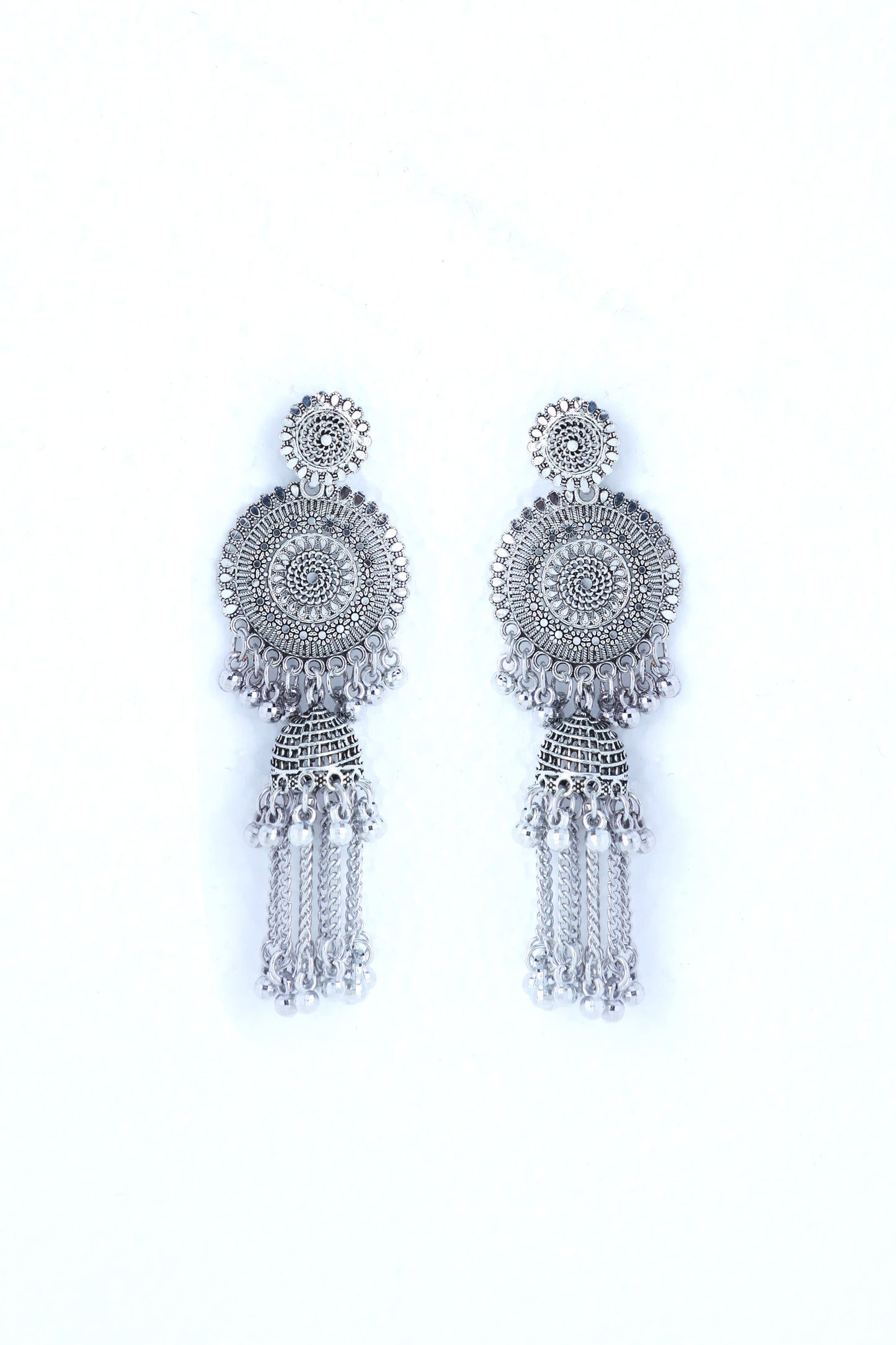 VOJ Silver Plated Oxidised Ghungharoo Studded Earrings - Swadesiicart
