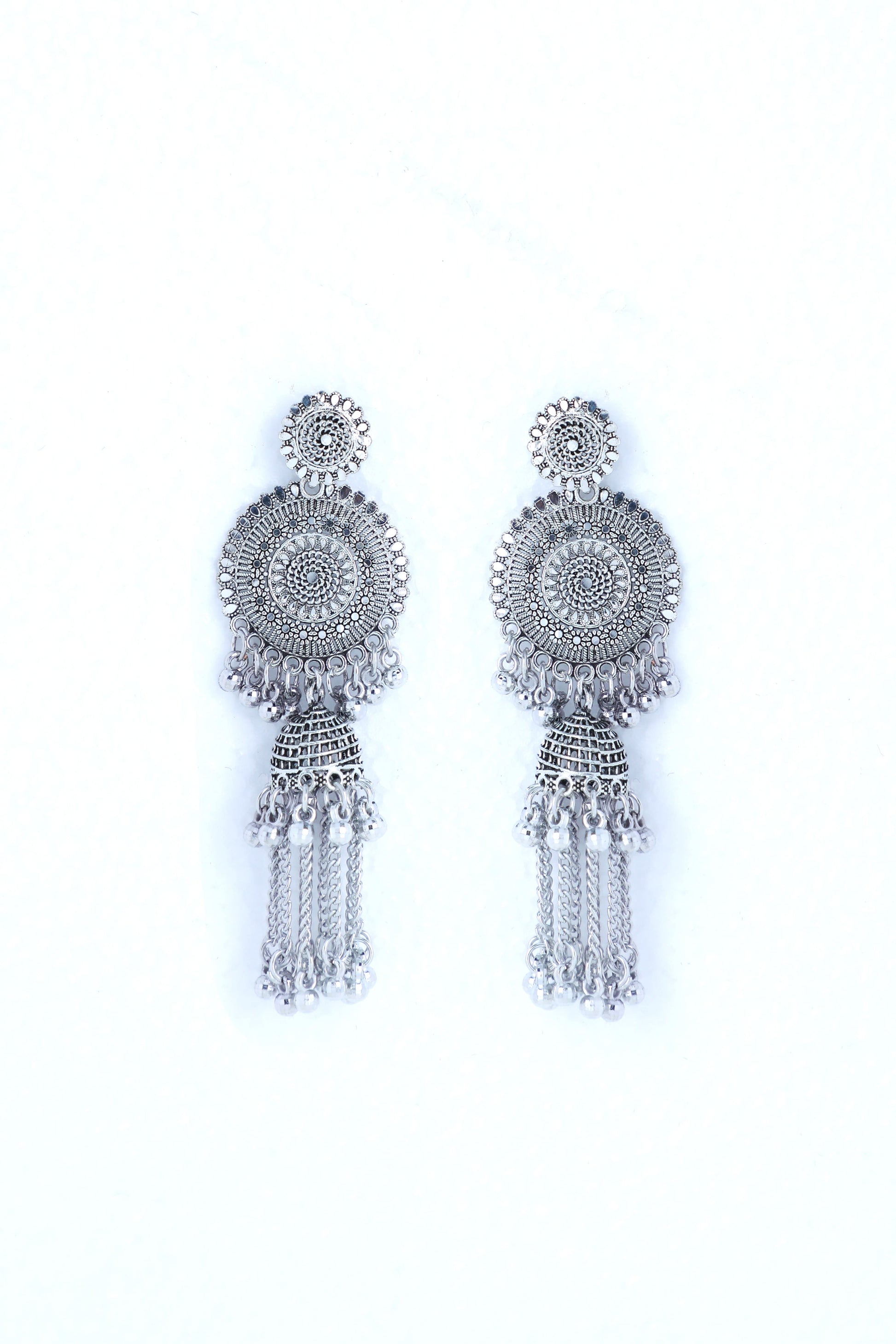 VOJ Silver Plated Oxidised Ghungharoo Studded Earrings - Swadesiicart