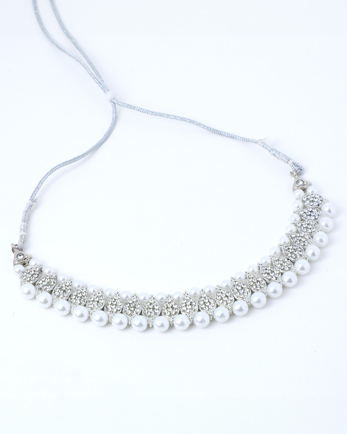 VOJ Silver Plated White Beads And Stone Studded Choker Jewellery Set With Mang Tikka - Swadesiicart