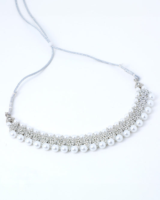 VOJ Silver Plated White Beads And Stone Studded Choker Jewellery Set With Mang Tikka - Swadesiicart
