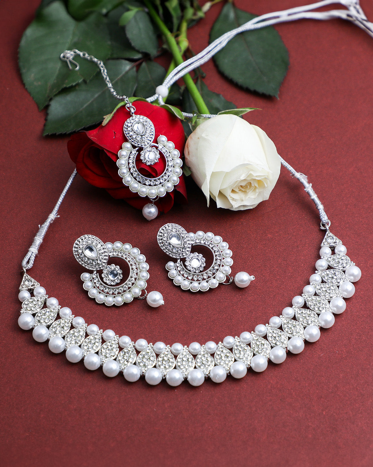 VOJ Silver Plated White Beads And Stone Studded Choker Jewellery Set With Mang Tikka - VOJ (Valley Of Jewellery)