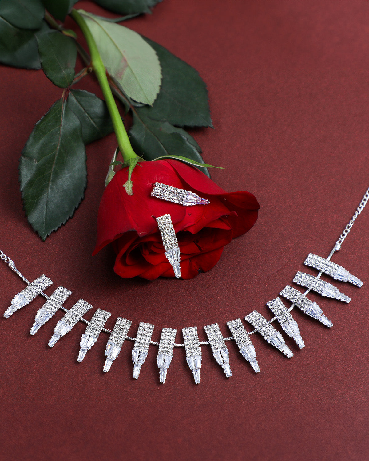 VOJ Silver Plated Stone Studded Necklace And Earring Set - VOJ (Valley Of Jewellery)