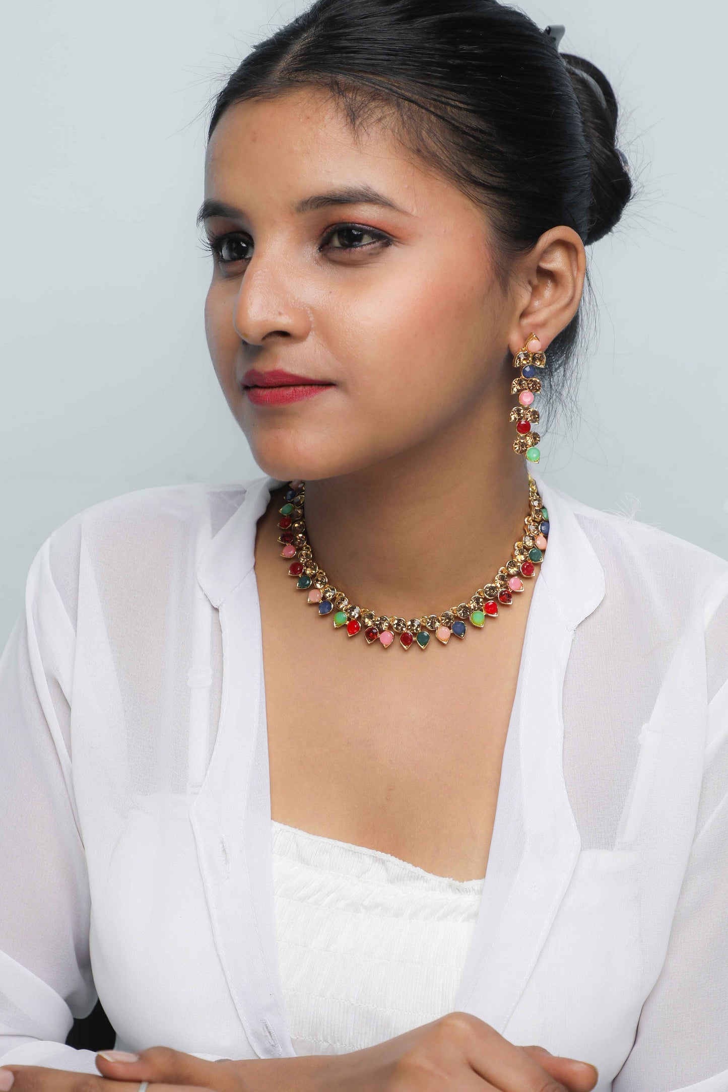VOJ Gold-Polished Multi Colored Stone Studded Choker Necklace And Earring Set - VOJ (Valley Of Jewellery)
