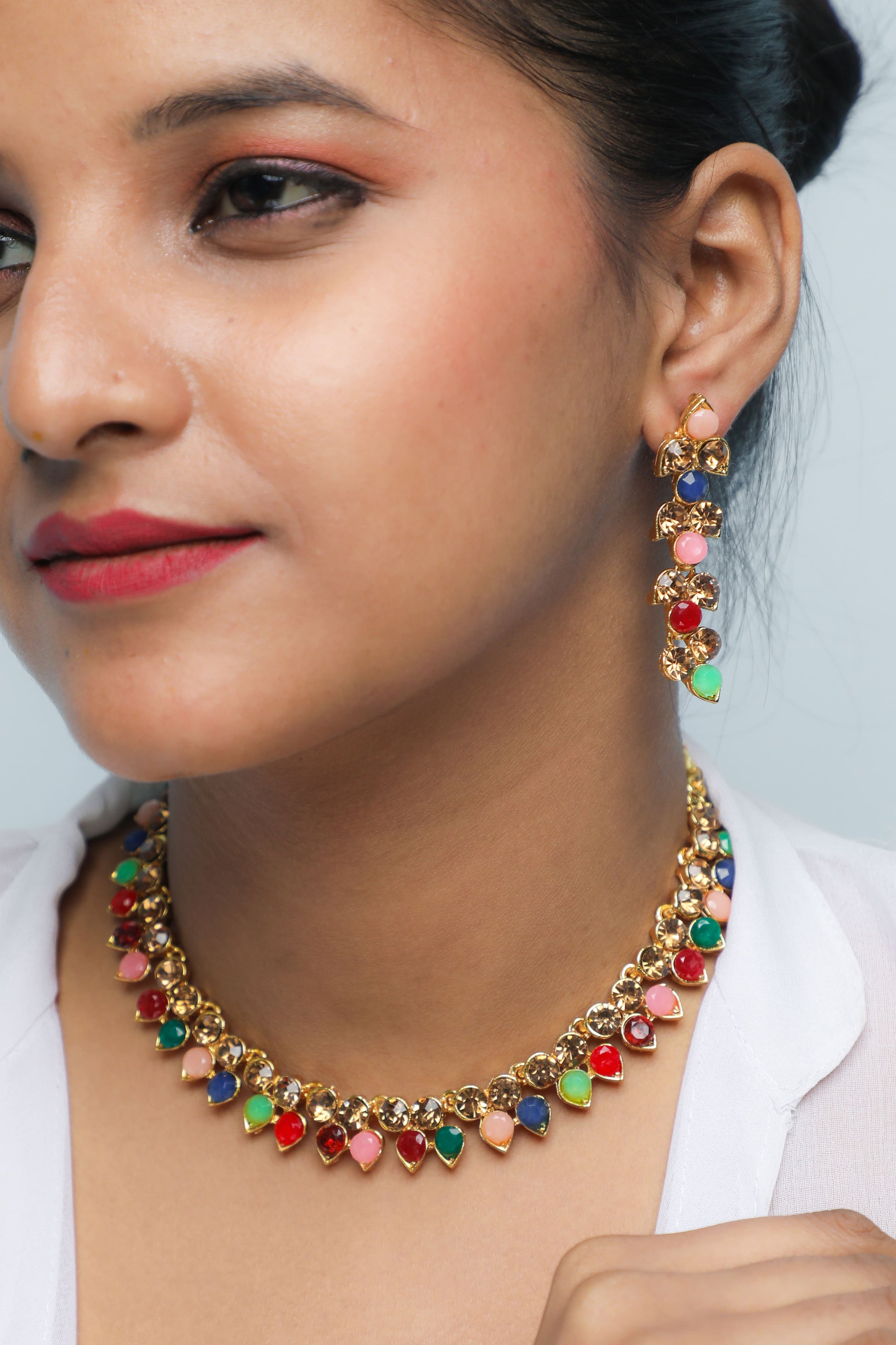 VOJ Gold-Polished Multi Colored Stone Studded Choker Necklace And Earring Set - Swadesiicart