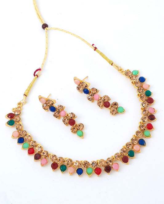VOJ Gold-Polished Multi Colored Stone Studded Choker Necklace And Earring Set - Swadesiicart