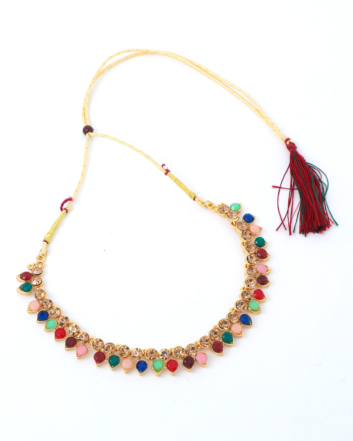 VOJ Gold-Polished Multi Colored Stone Studded Choker Necklace And Earring Set - Swadesiicart