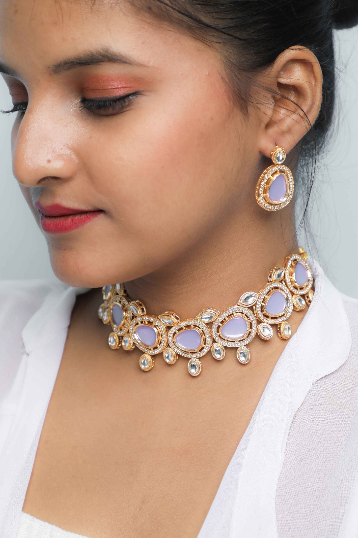 VOJ Gold-Polished Leavender Color Stone Kundan Studded Choker Jewellery Set - Swadesiicart
