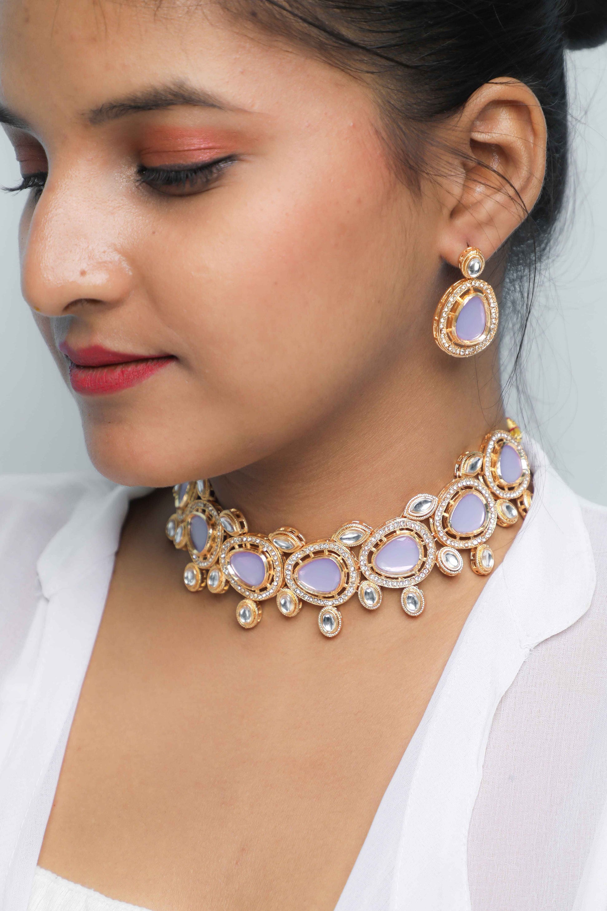 VOJ Gold-Polished Leavender Color Stone Kundan Studded Choker Jewellery Set - Swadesiicart