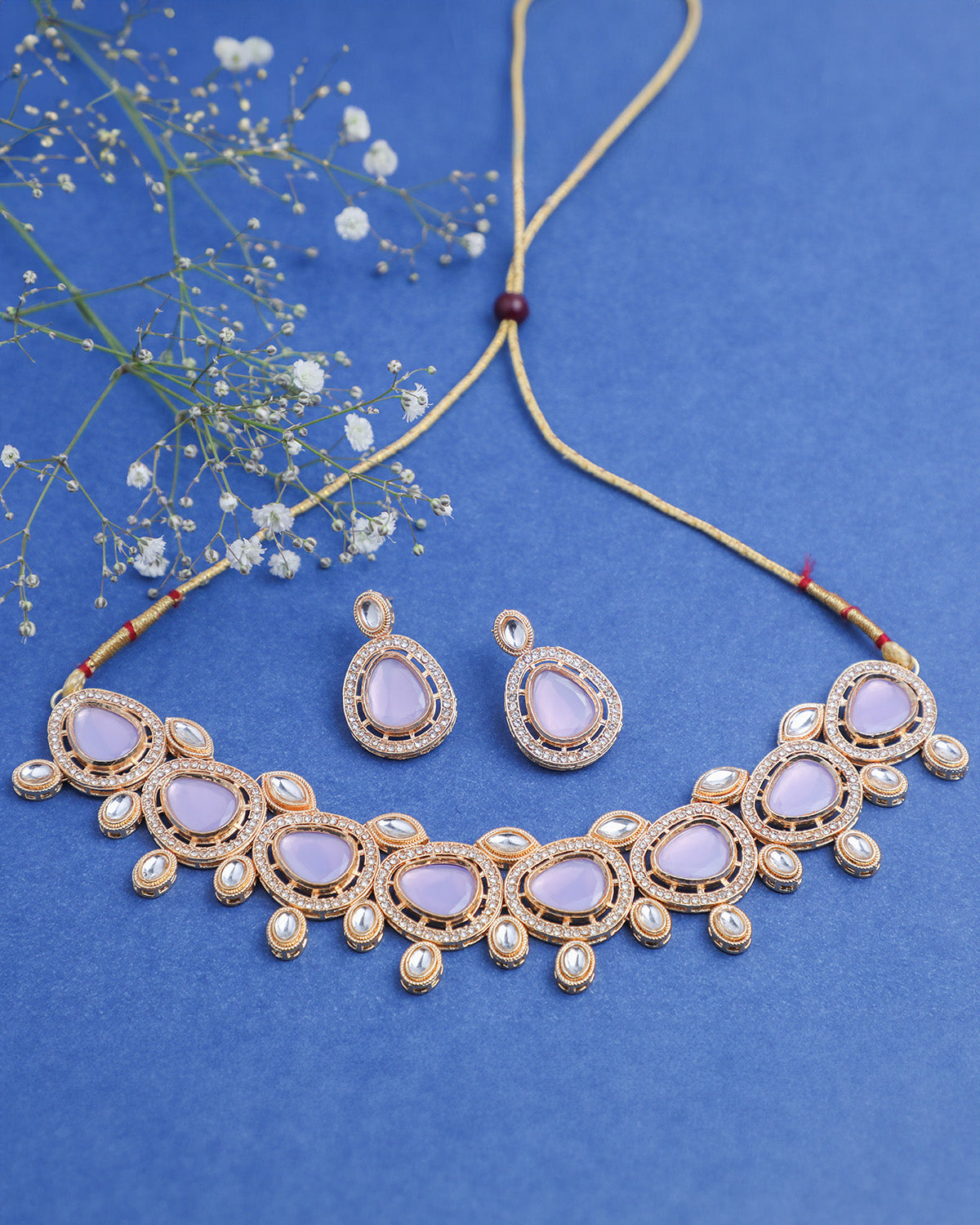 VOJ Gold-Polished Leavender Color Stone Kundan Studded Choker Jewellery Set - VOJ (Valley Of Jewellery)