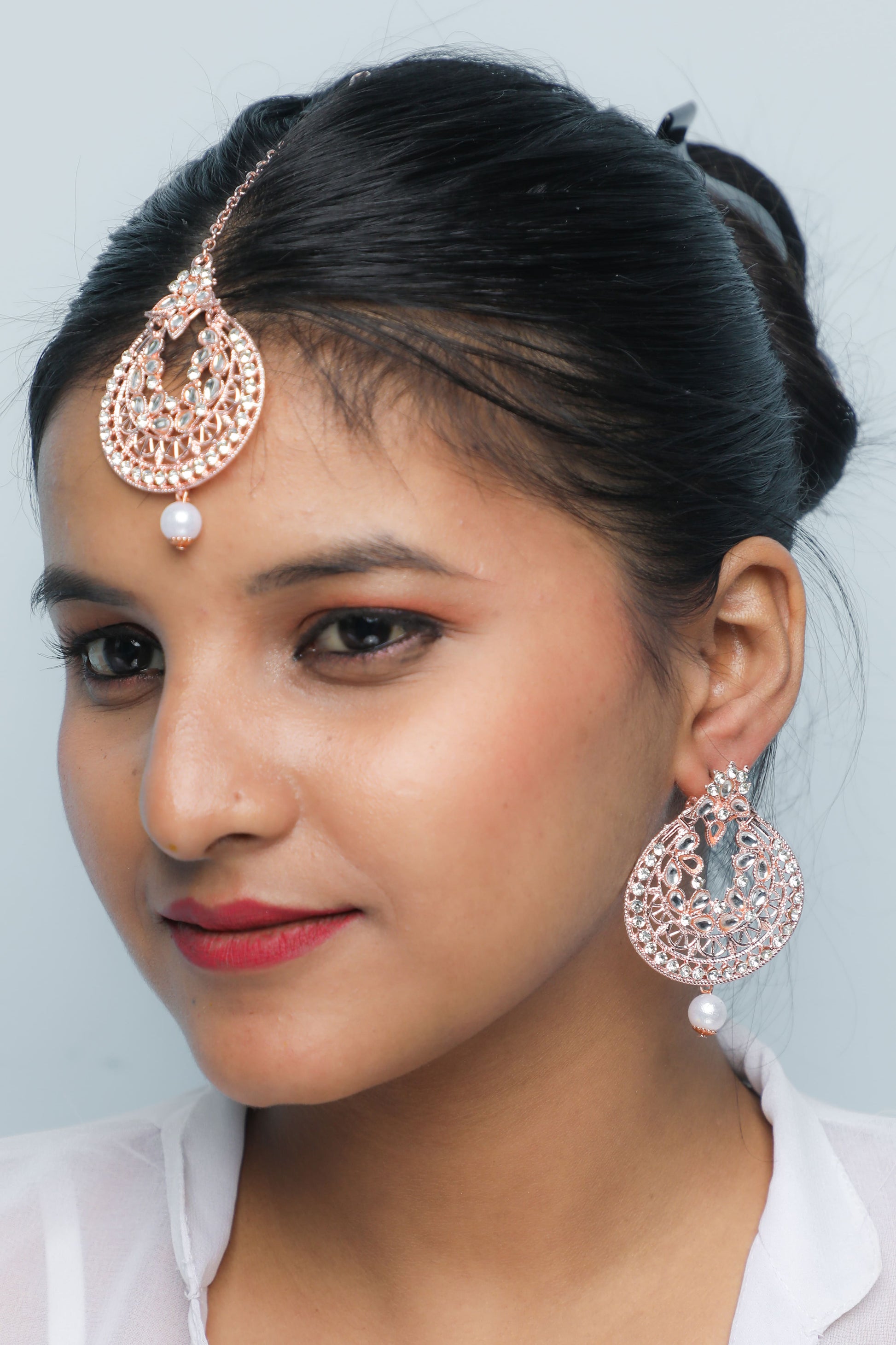 VOJ Gold-Polished With White Pearl And Stone Studded Earring With Mang Tikka Set - VOJ (Valley Of Jewellery)