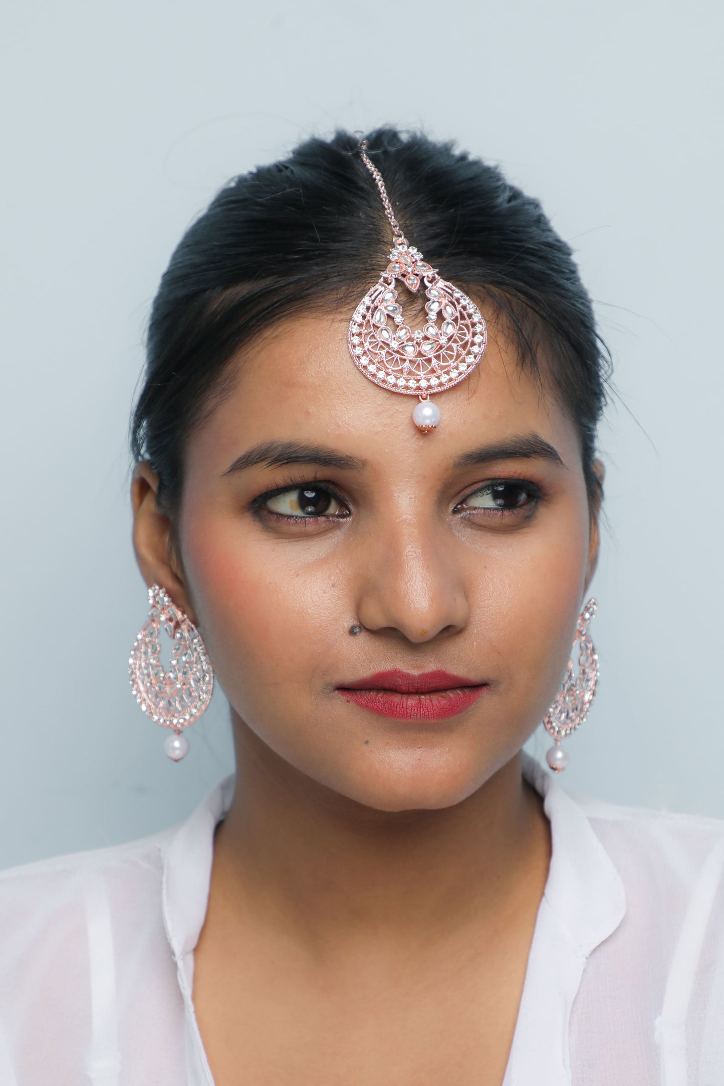 VOJ Gold-Polished With White Pearl And Stone Studded Earring With Mang Tikka Set - Swadesiicart