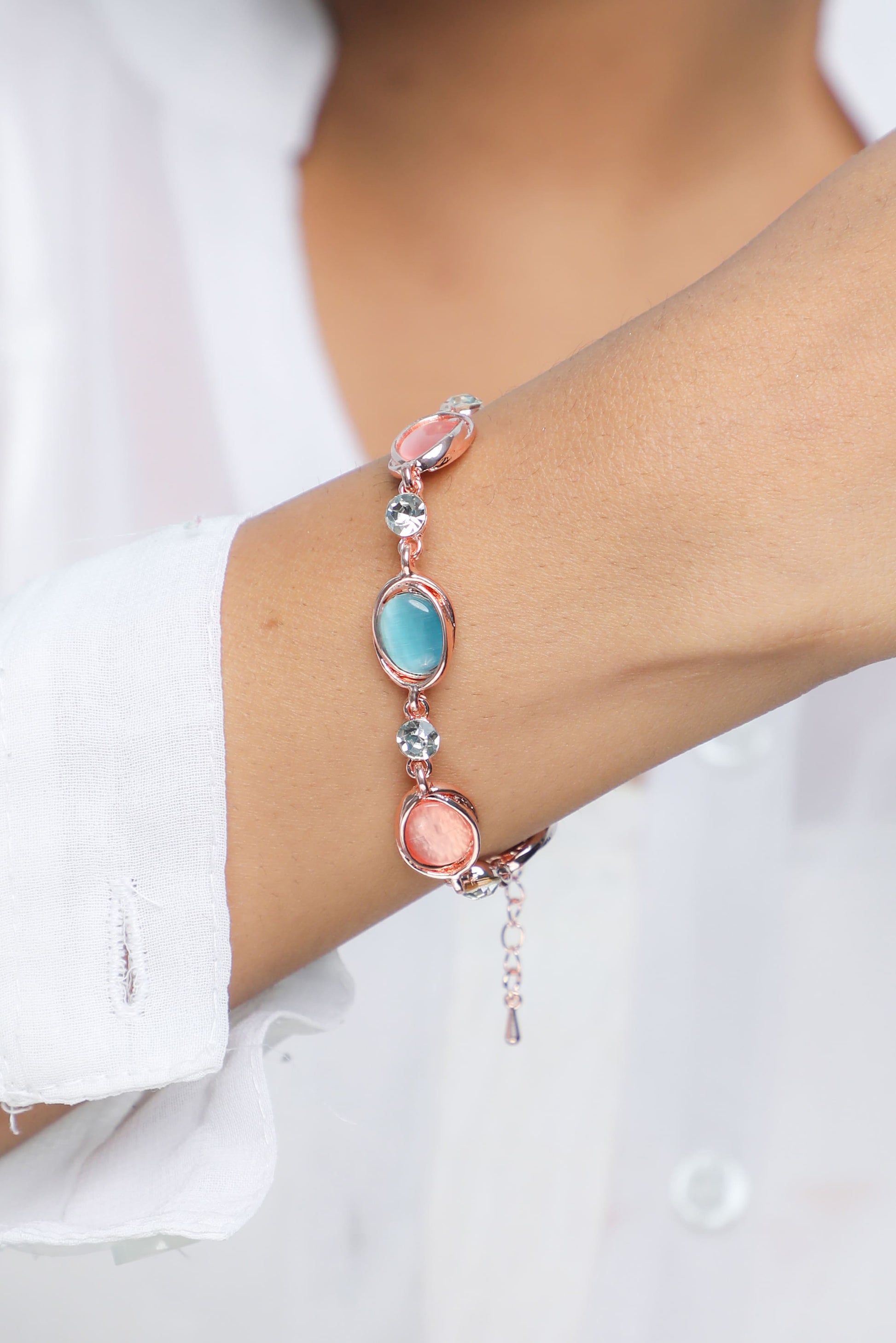 VOJ Gold-Polished Multi Colored Stone Studded Charm Bracelet - VOJ (Valley Of Jewellery)