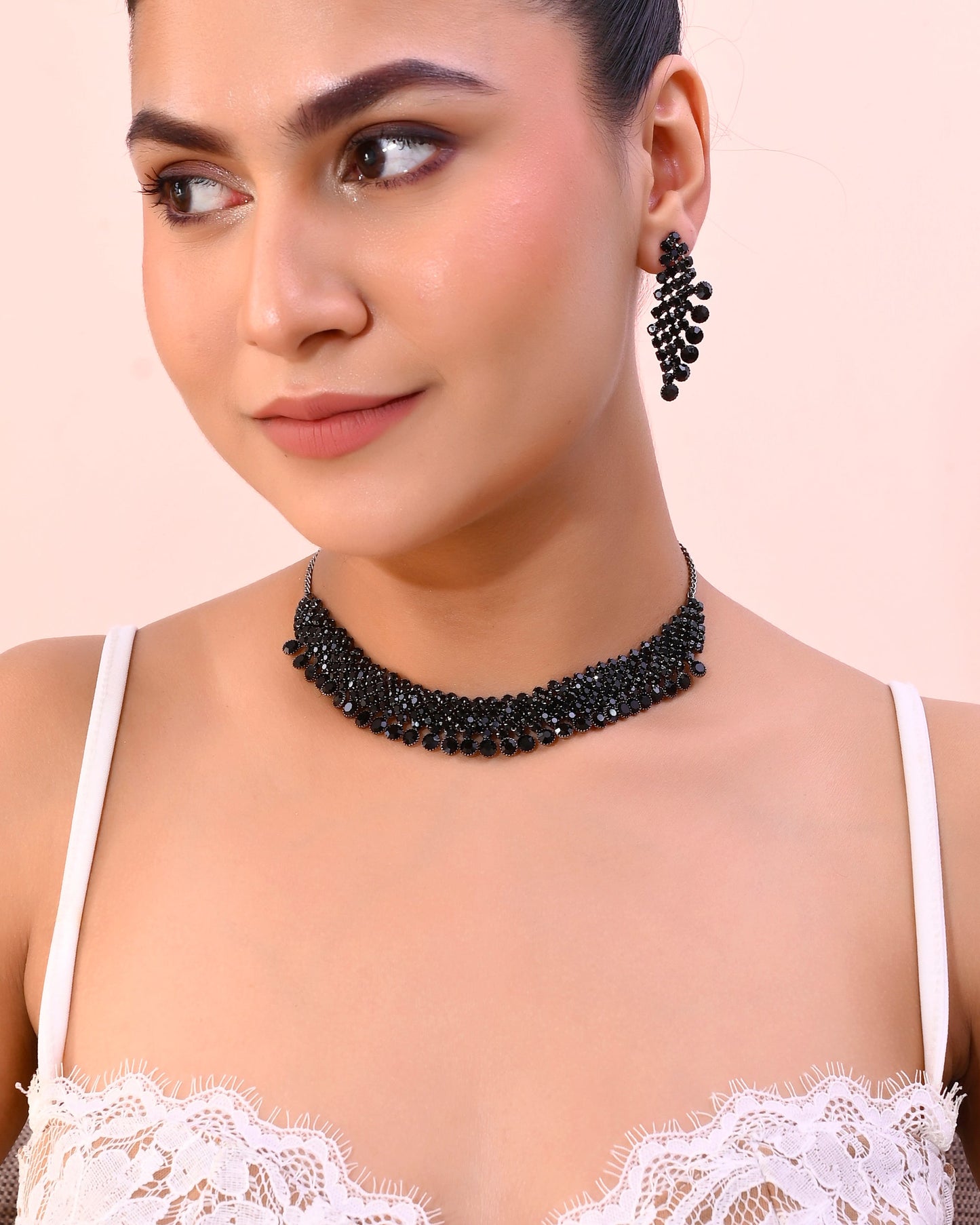 VOJ Black American Diamond Chokar Jewellery Set With Earrings - Swadesiicart