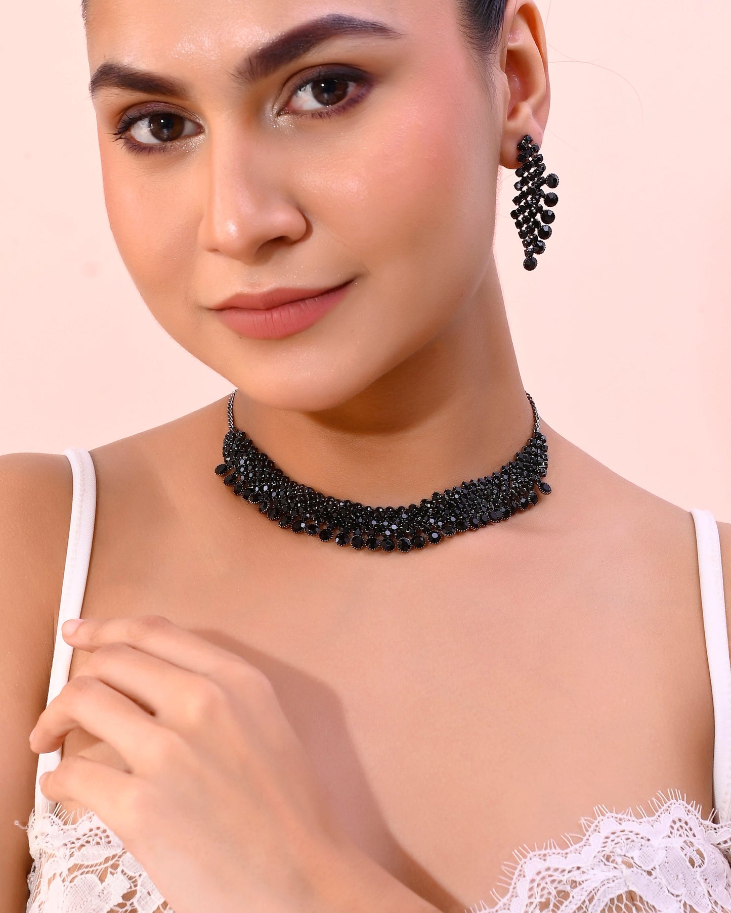 VOJ Black American Diamond Chokar Jewellery Set With Earrings - Swadesiicart