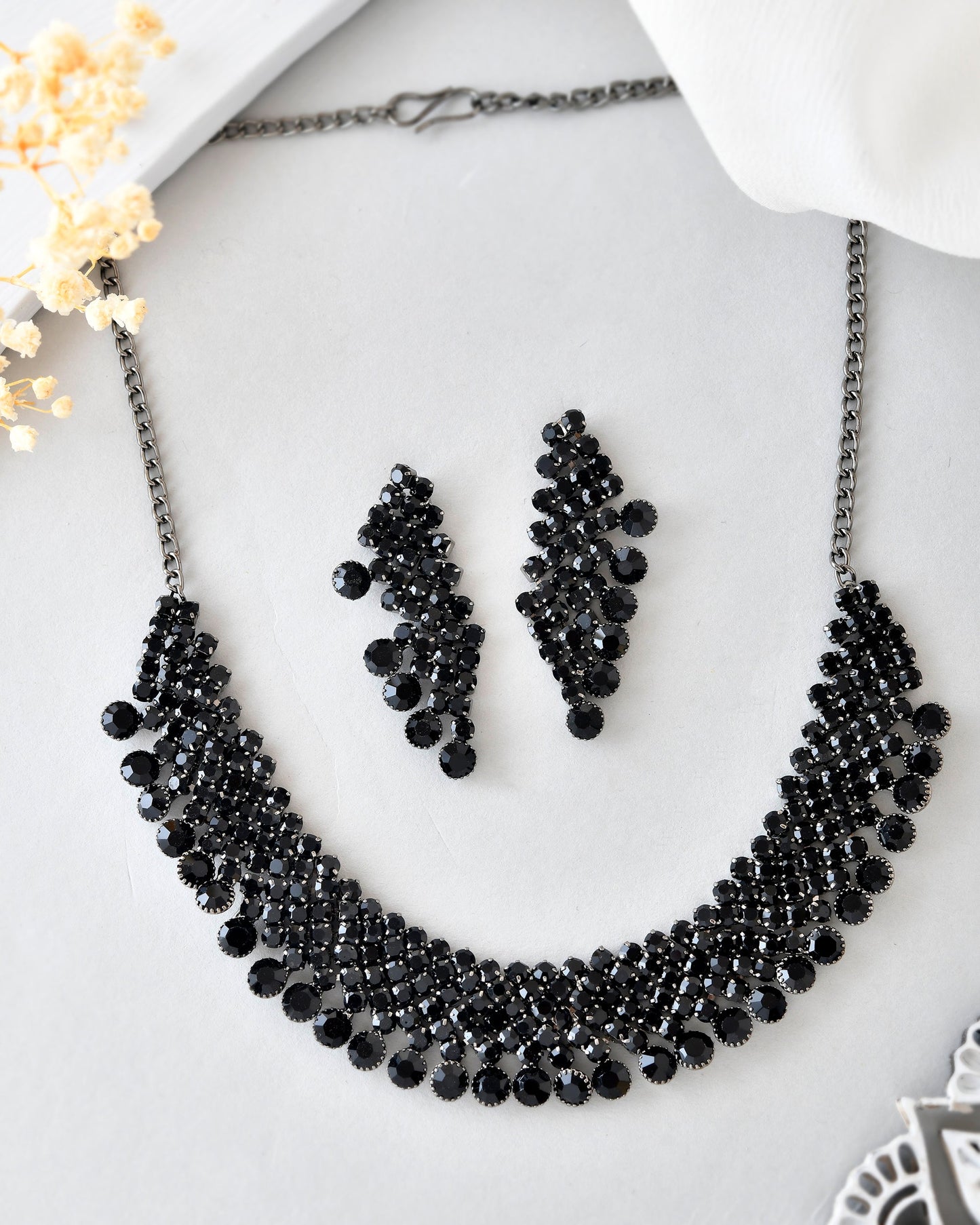 VOJ Black American Diamond Chokar Jewellery Set With Earrings - Swadesiicart