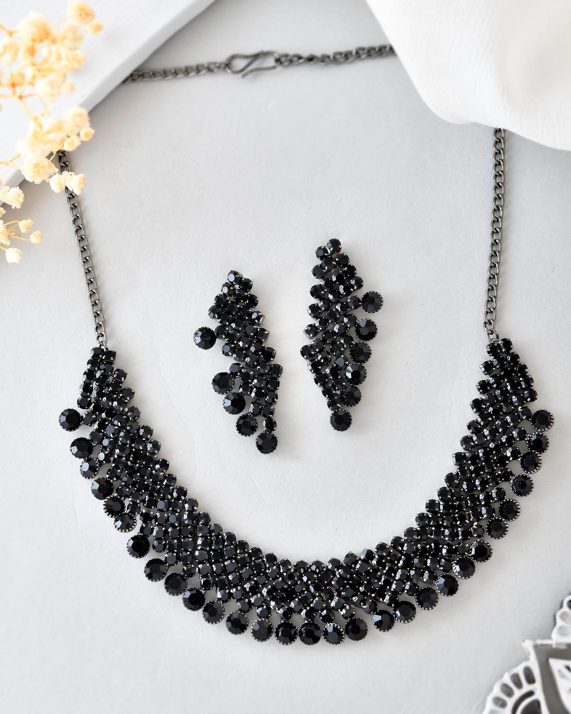 VOJ Black American Diamond Chokar Jewellery Set With Earrings - Swadesiicart