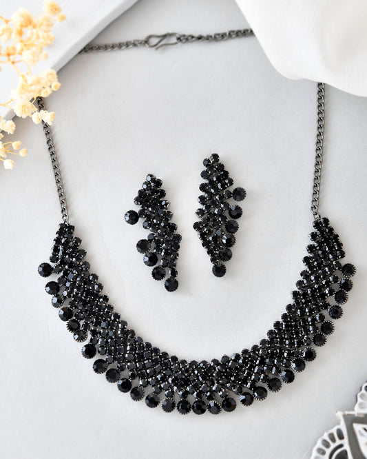 VOJ Black American Diamond Chokar Jewellery Set With Earrings - Swadesiicart