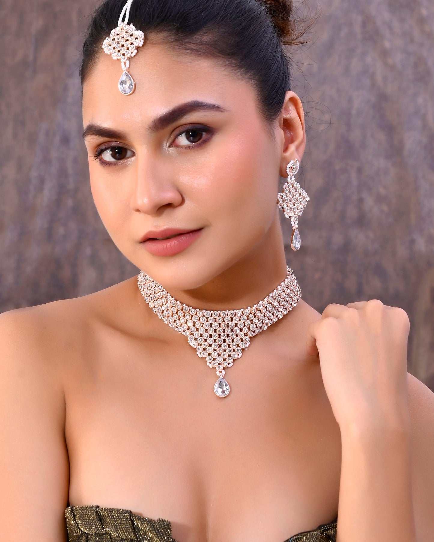 VOJ Silver Plated Party Wear AD Choker Necklace Jewellery Set - Swadesiicart