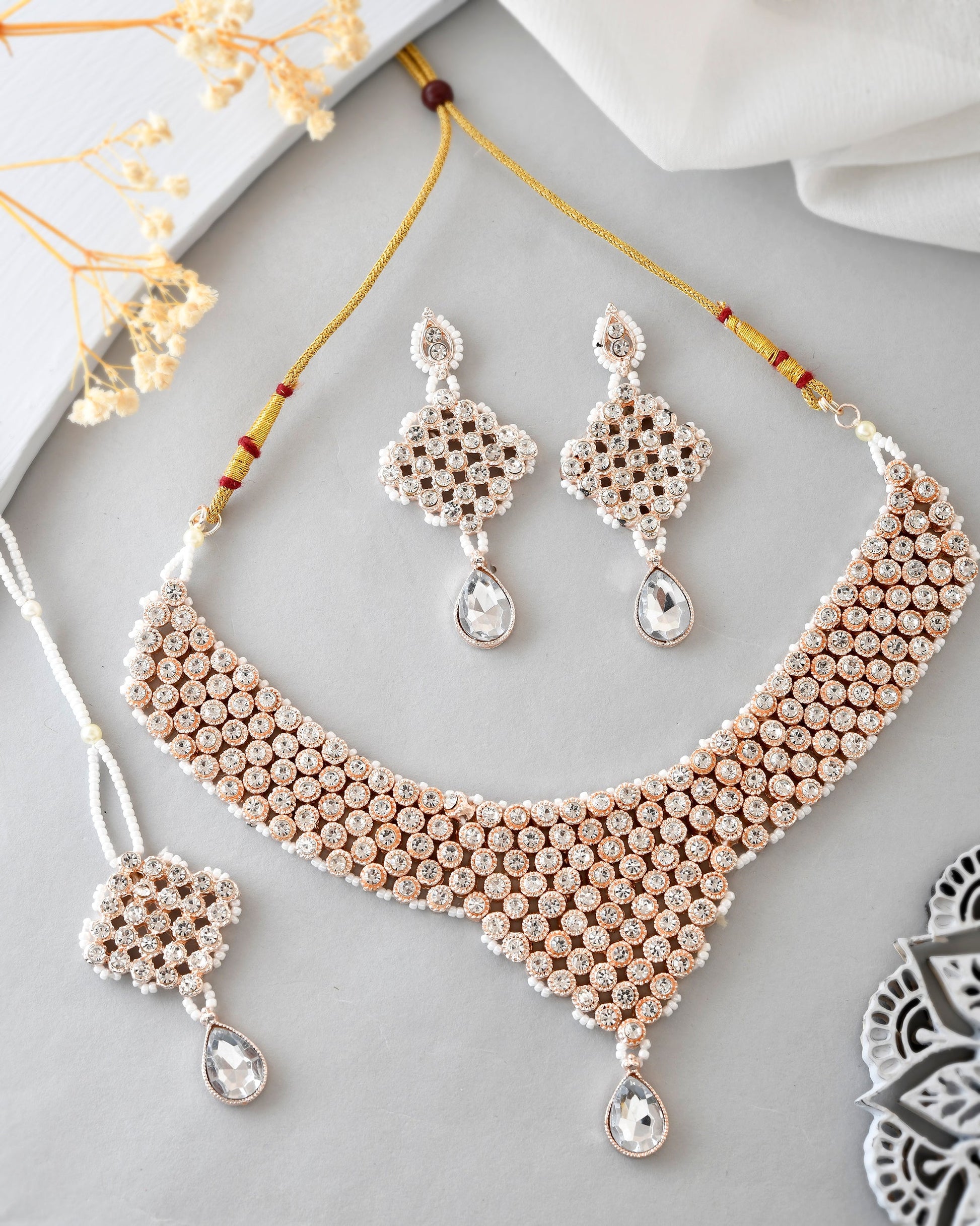 VOJ Silver Plated Party Wear AD Choker Necklace Jewellery Set - Swadesiicart
