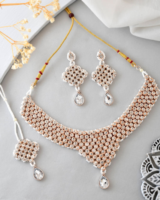 VOJ Silver Plated Party Wear AD Choker Necklace Jewellery Set - Swadesiicart