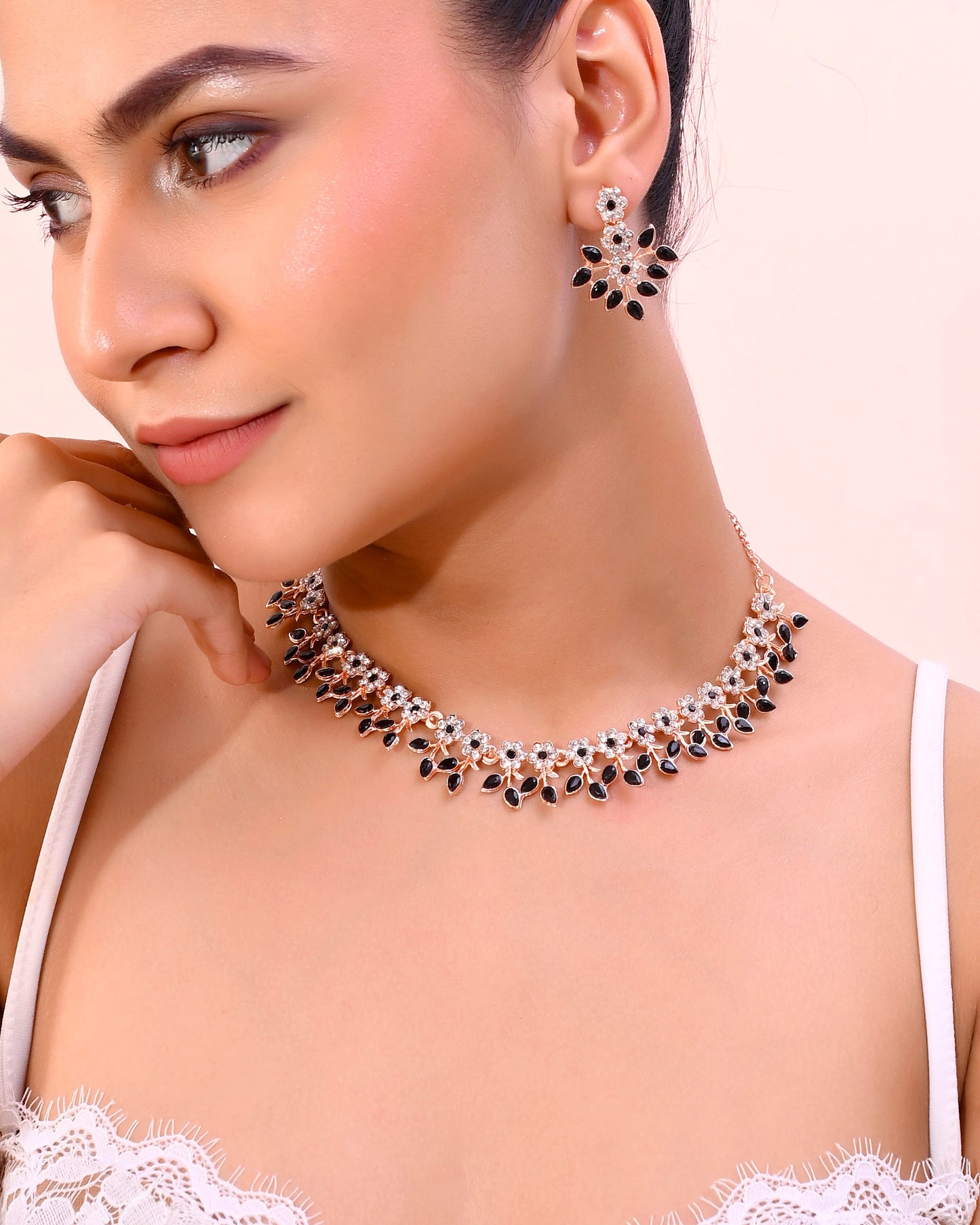 VOJ Gold-Polished Black & White Stone Studded Jewellery Set - Swadesiicart