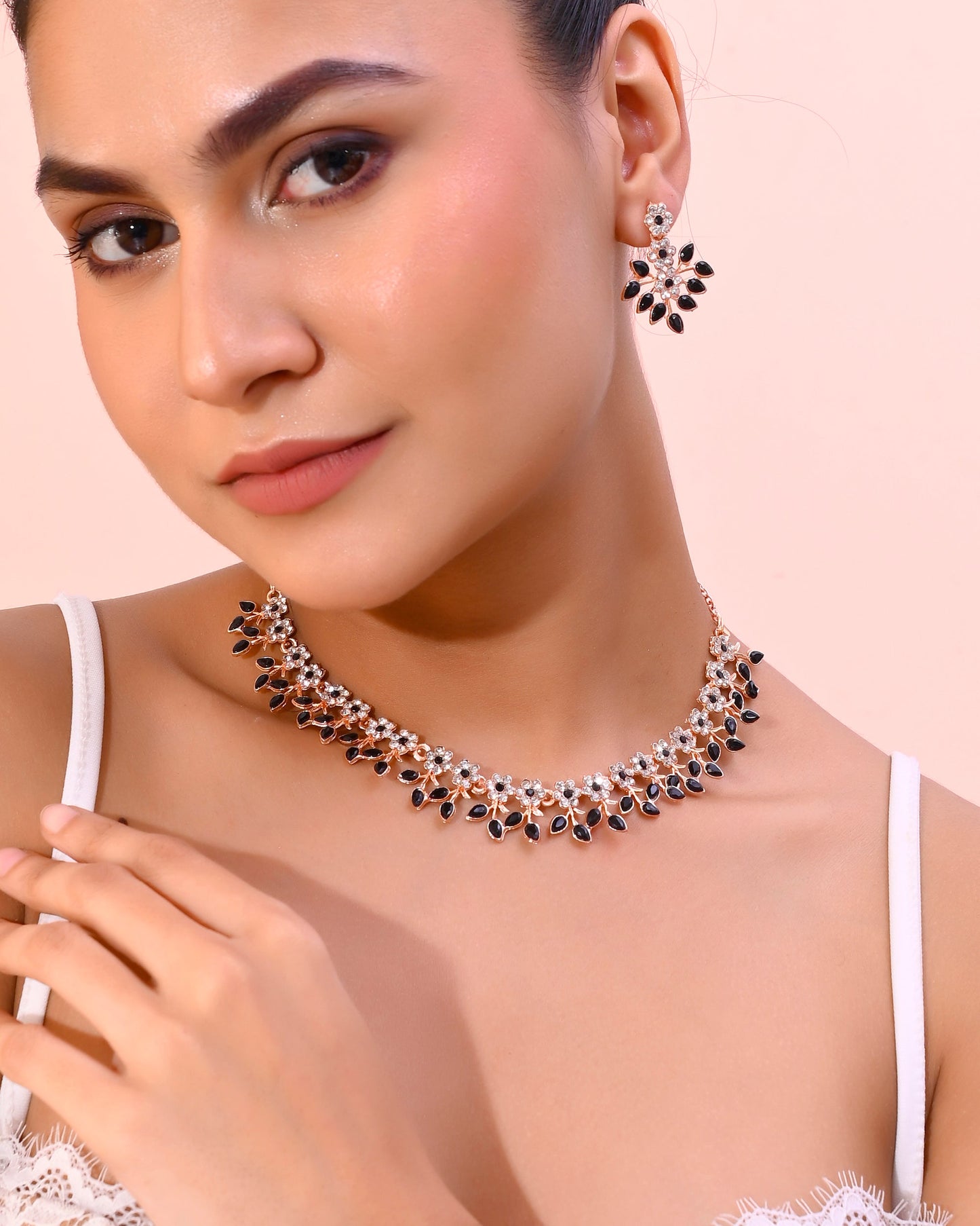 VOJ Gold-Polished Black & White Stone Studded Jewellery Set - Swadesiicart