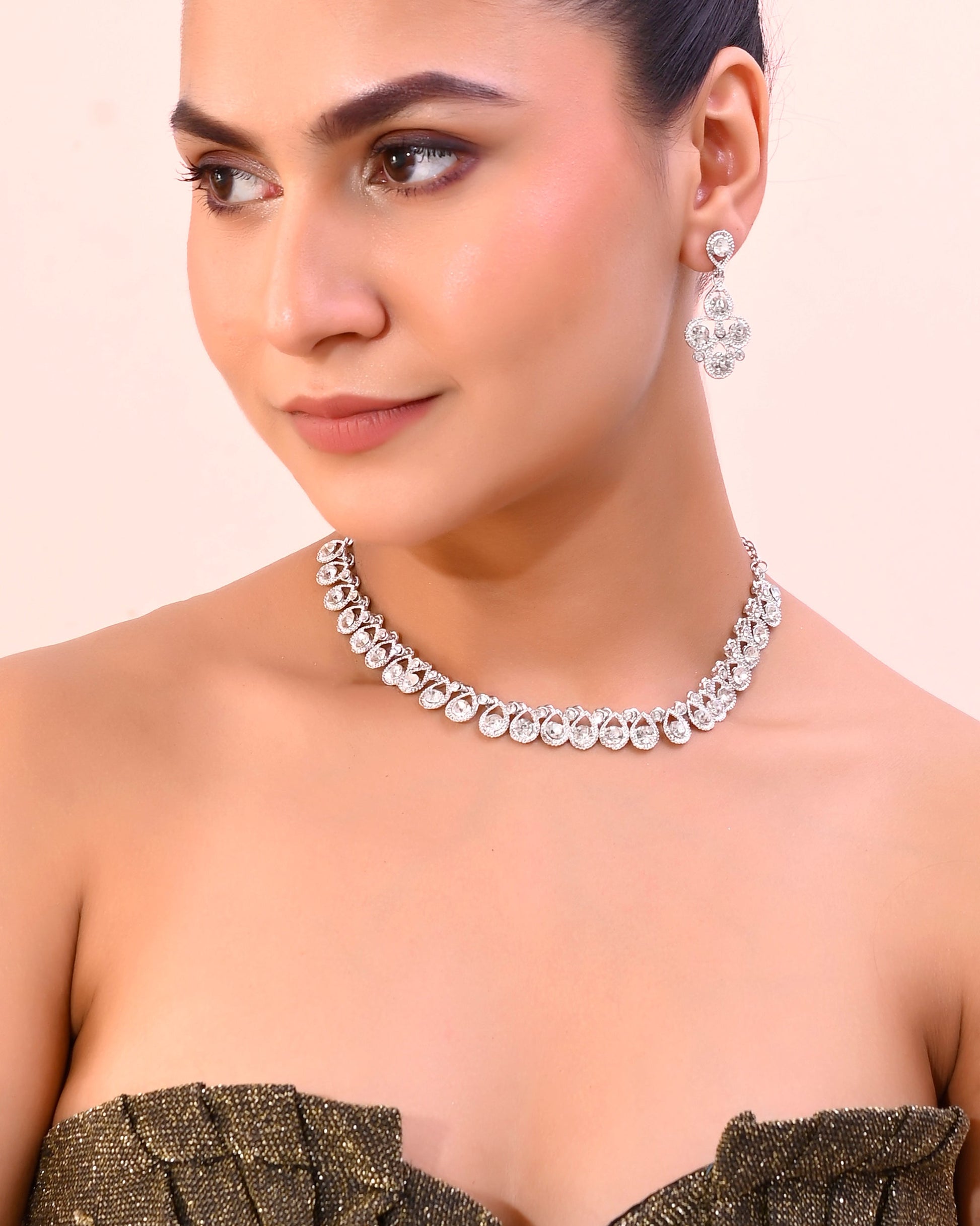 VOJ AD Stone Studded Silver Plated Necklace and Earrings Set - Swadesiicart