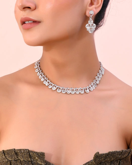 VOJ AD Stone Studded Silver Plated Necklace and Earrings Set - Swadesiicart