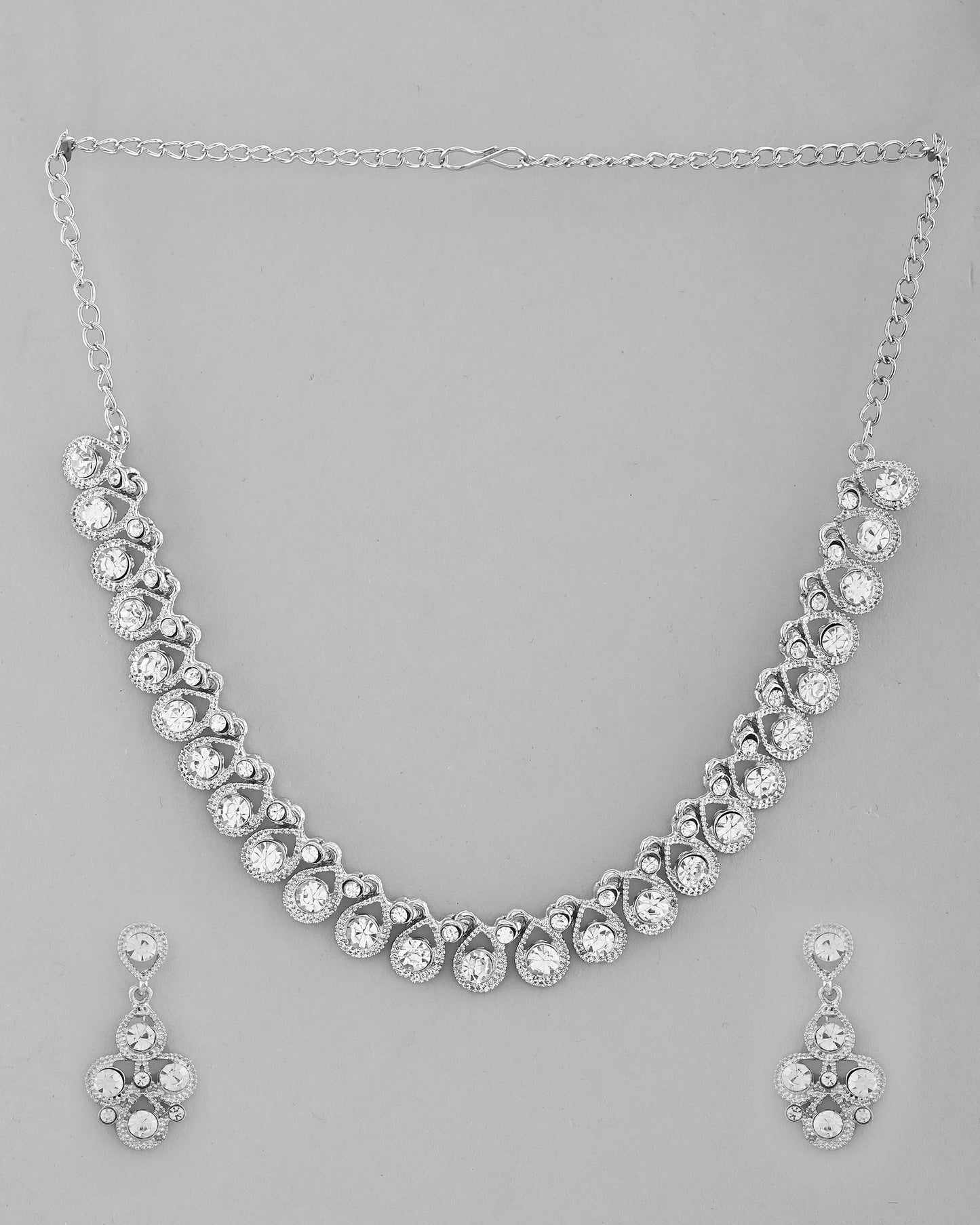 VOJ AD Stone Studded Silver Plated Necklace and Earrings Set - Swadesiicart