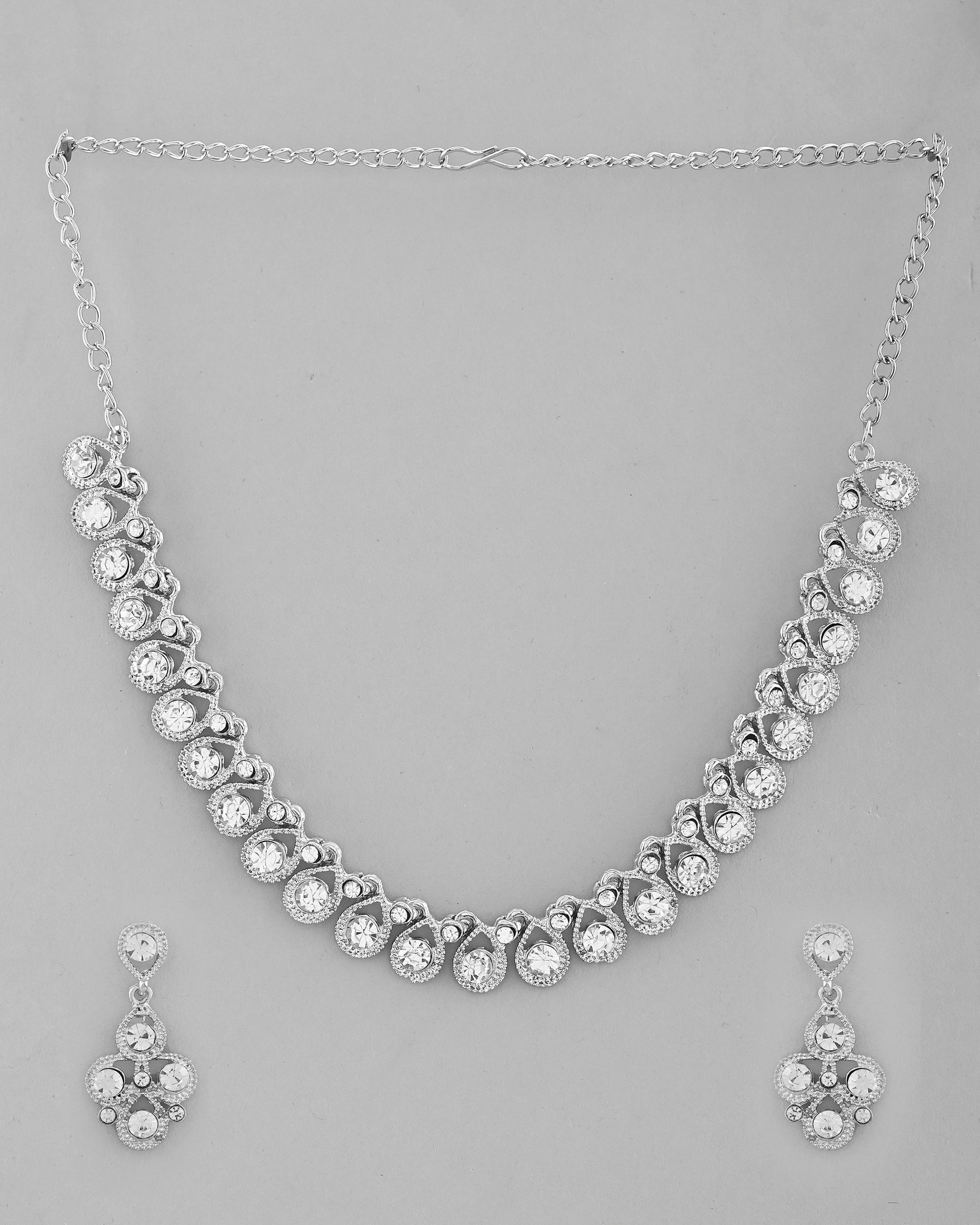 VOJ AD Stone Studded Silver Plated Necklace and Earrings Set - Swadesiicart