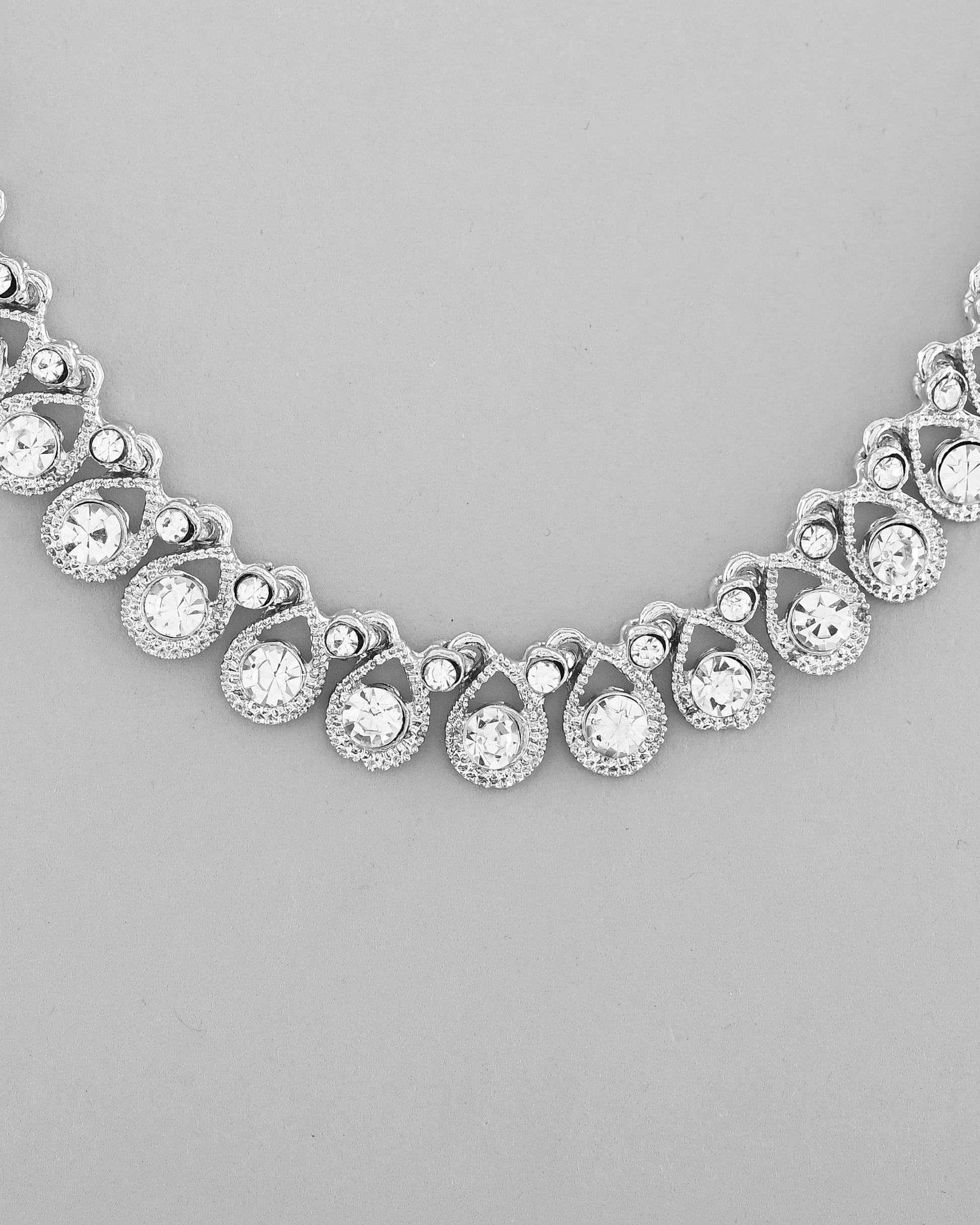 VOJ AD Stone Studded Silver Plated Necklace and Earrings Set - Swadesiicart