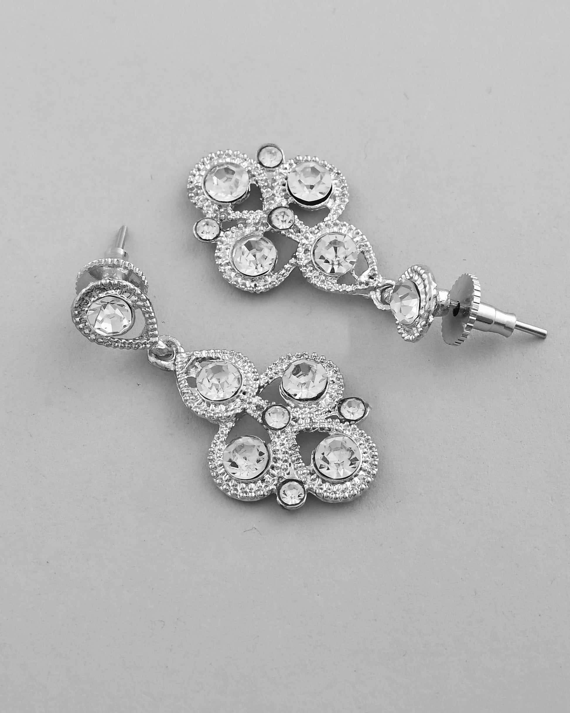 VOJ AD Stone Studded Silver Plated Necklace and Earrings Set - Swadesiicart