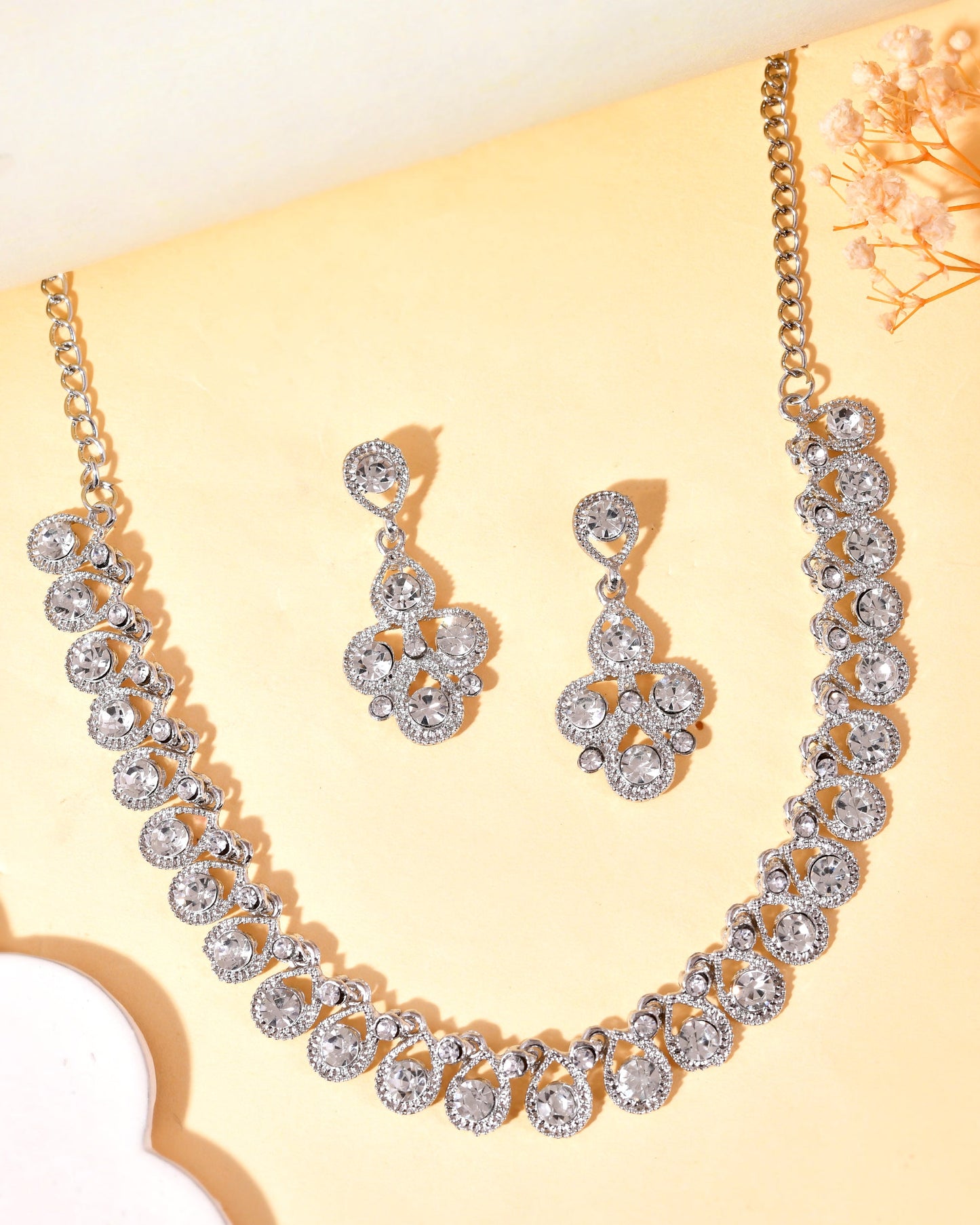 VOJ AD Stone Studded Silver Plated Necklace and Earrings Set - Swadesiicart