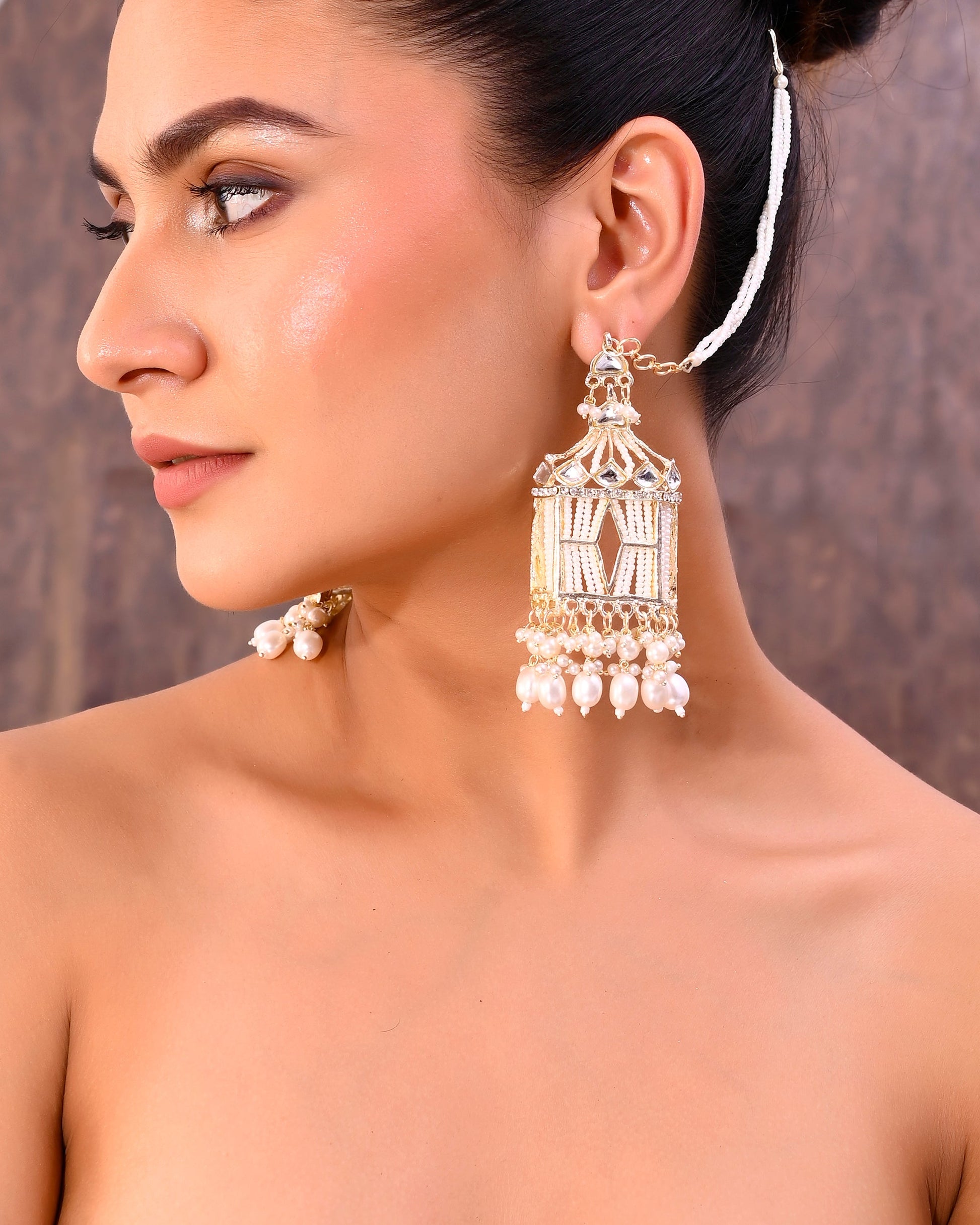 VOJ Gold-Polished Handcrafted Pearls Beaded ChandBali Earrings with Kan Chain - Swadesiicart