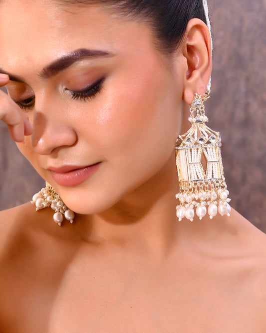 VOJ Gold-Polished Handcrafted Pearls Beaded ChandBali Earrings with Kan Chain - Swadesiicart