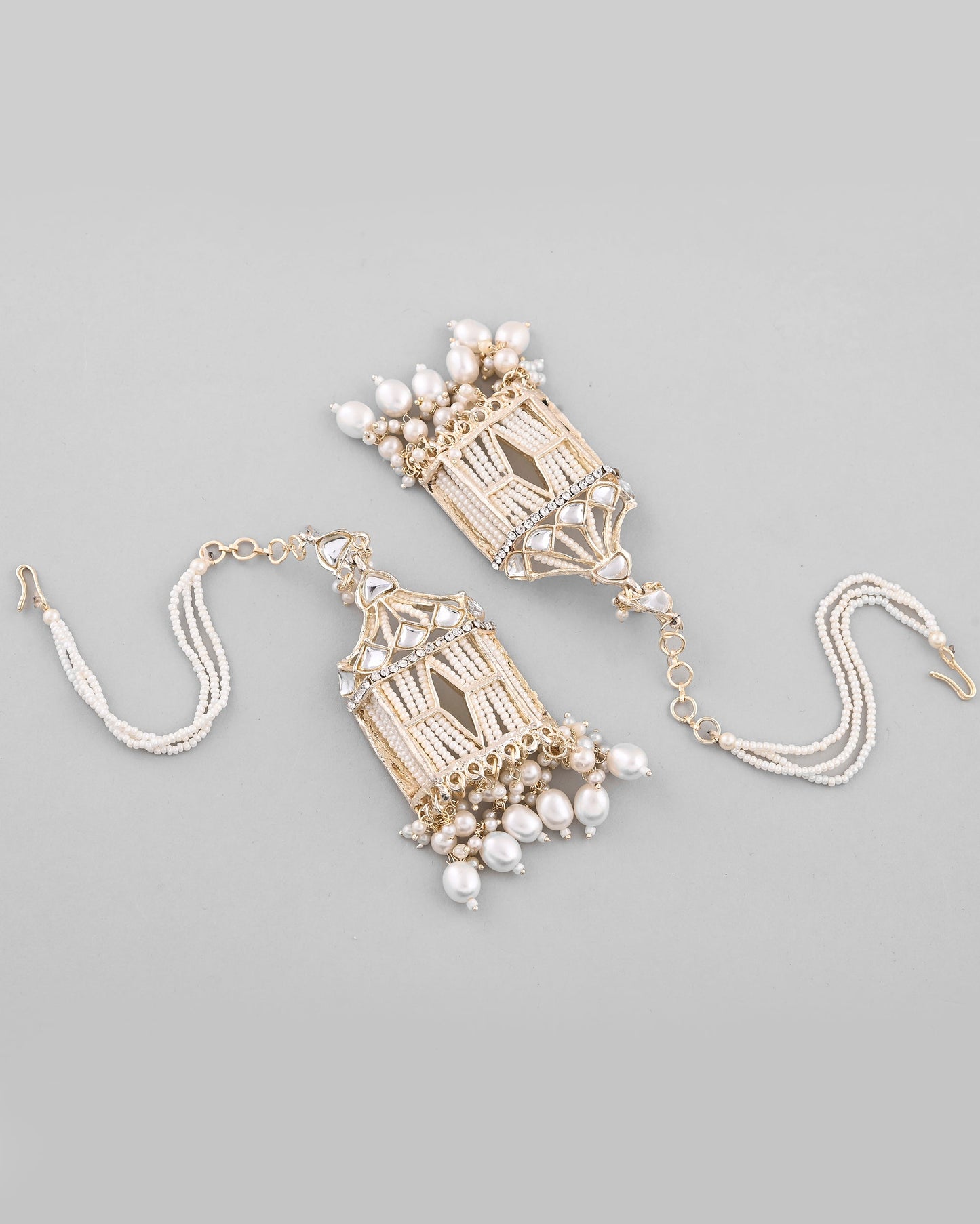 VOJ Gold-Polished Handcrafted Pearls Beaded ChandBali Earrings with Kan Chain - Swadesiicart