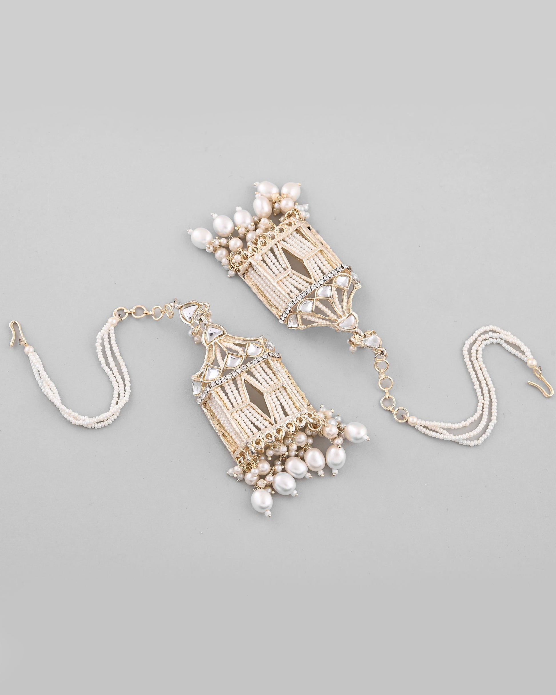VOJ Gold-Polished Handcrafted Pearls Beaded ChandBali Earrings with Kan Chain - Swadesiicart