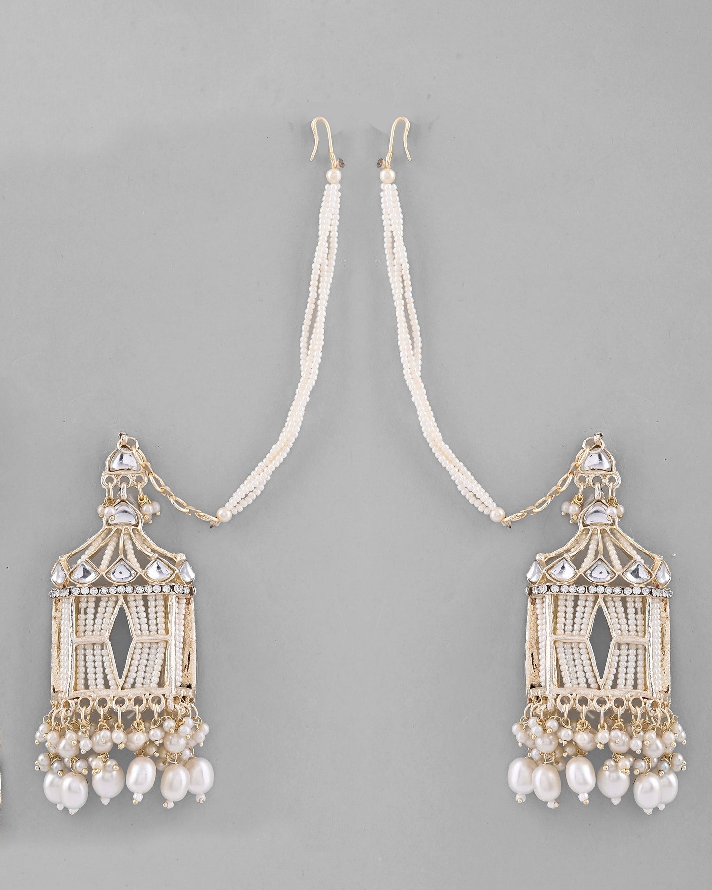VOJ Gold-Polished Handcrafted Pearls Beaded ChandBali Earrings with Kan Chain - Swadesiicart