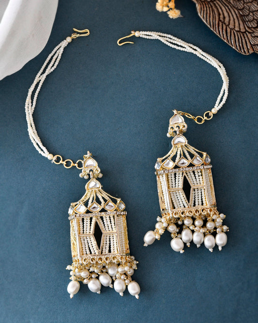 VOJ Gold-Polished Handcrafted Pearls Beaded ChandBali Earrings with Kan Chain - Swadesiicart