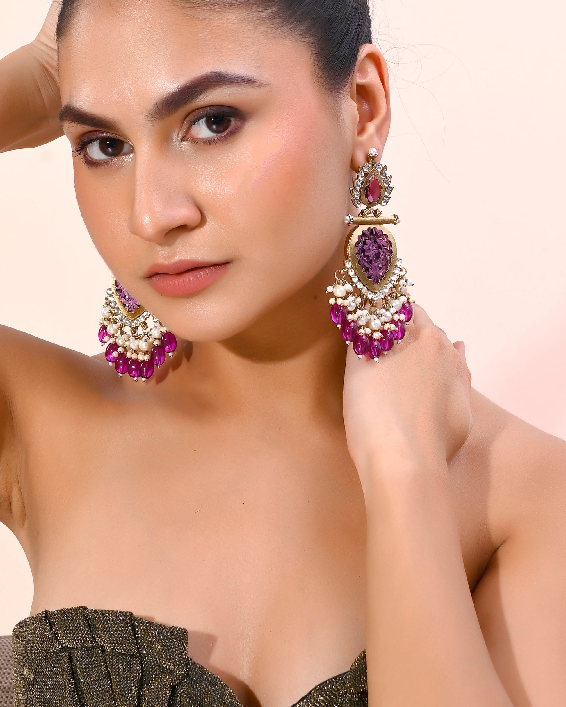 VOJ Gold-Polished Purple Colour Drop And Dangle Statement Earrings - Swadesiicart