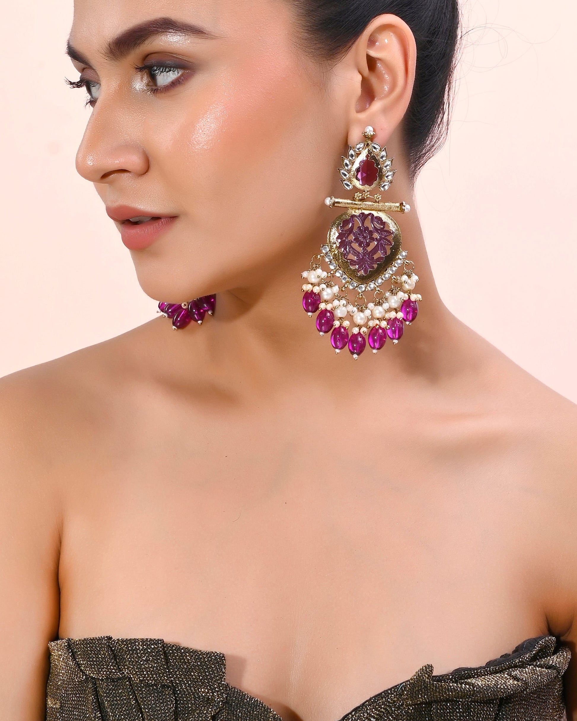 VOJ Gold-Polished Purple Colour Drop And Dangle Statement Earrings - Swadesiicart