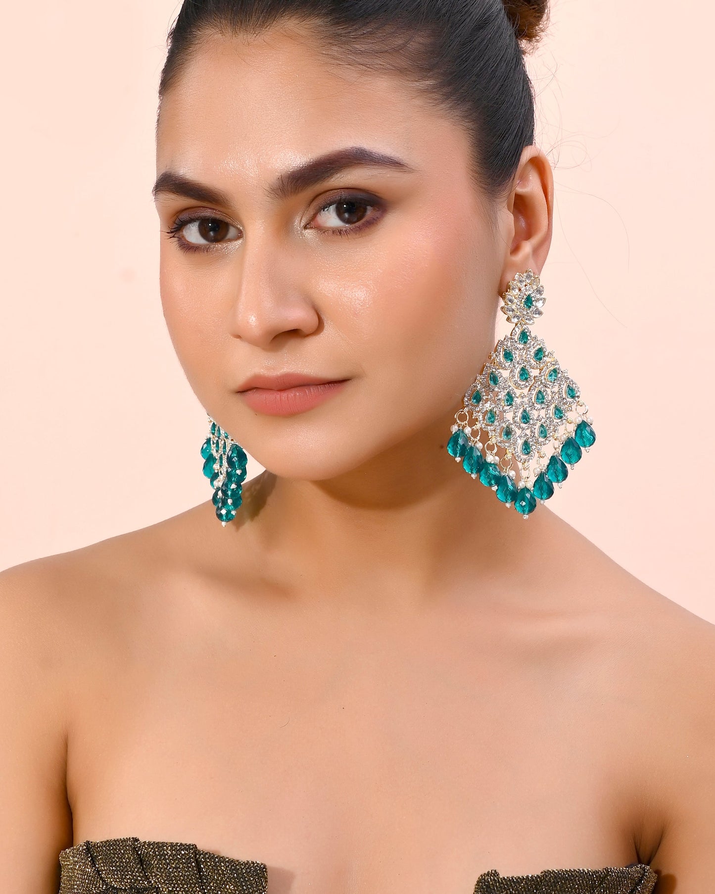 VOJ Traditional Gold-Polished Green & White AD Stone Statement Earrings - Swadesiicart